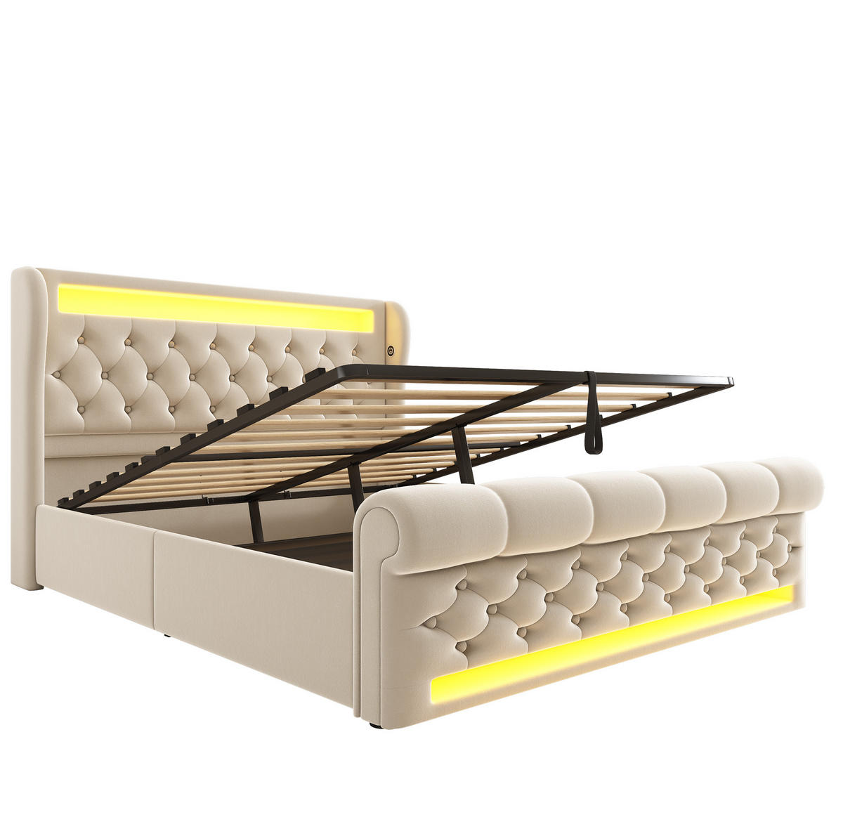 POLSTERBETT 140/200 cm Beige aus Samt mit Stauraum, LED und Matratze - Beige, Textil (140/200cm) - OKMYHOME