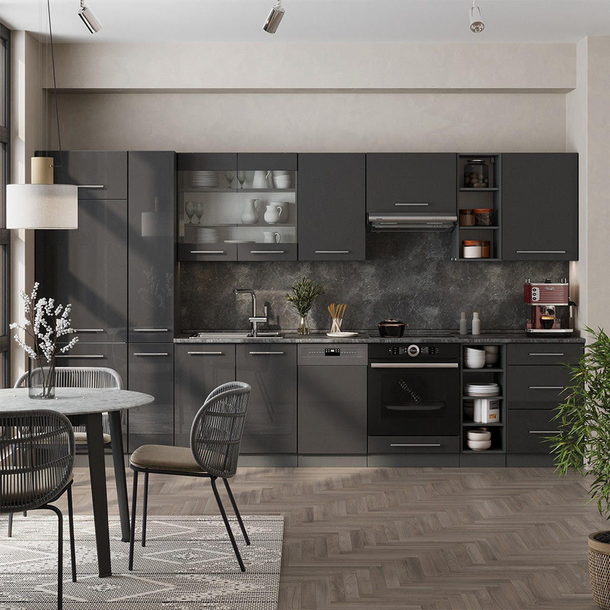 KUCHYNKA Fame-Line Antracit vysoký lesk 355 cm , AP Antracit - antracitová/čierna s vysokým leskom, kompozitné drevo (355/206.8/60cm) - Vicco