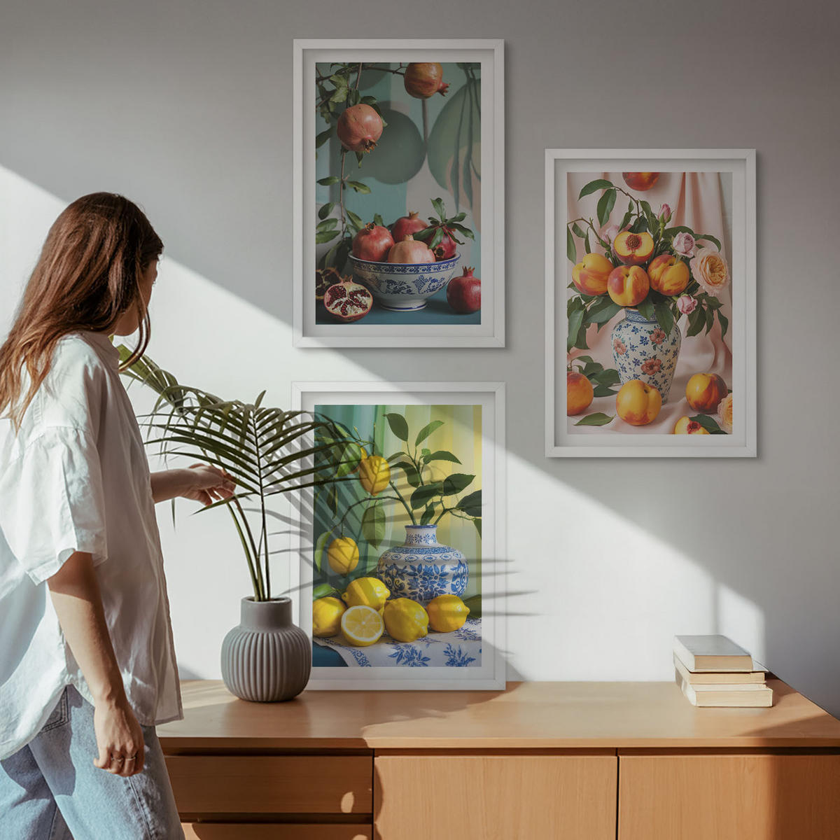 WANDBILDER 3er-Set - 40x60 cm Weißer Rahmen - Granatäpfel, Pfirsiche, Zitronen - Weiß, Kunststoff (40/60cm) - ArtPrintCave