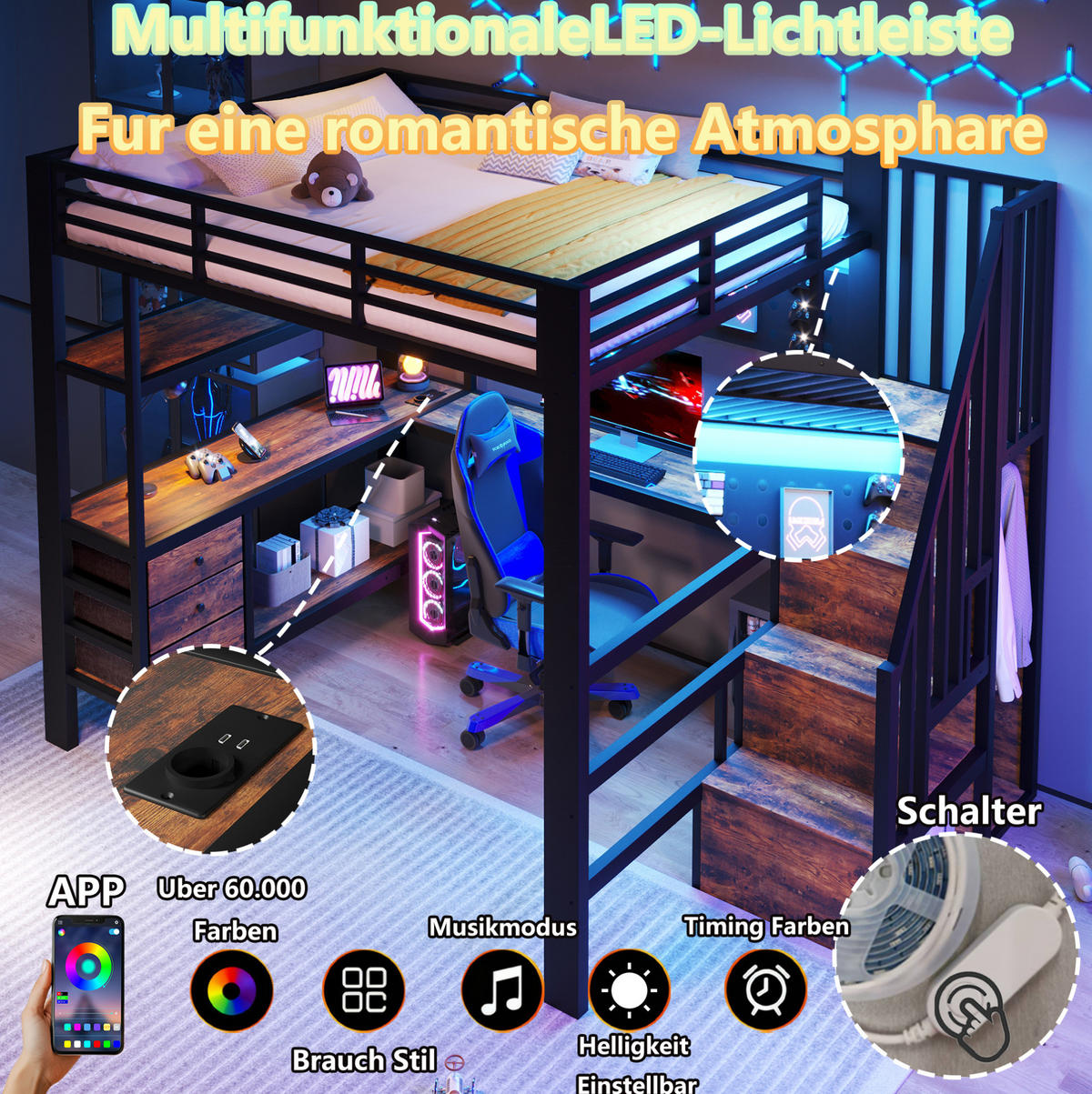 HOCHBETT 140/200 cm aus Metall und MDF mit Schreibtisch, Stauraum, Steckdose und LED-Beleuchtung, Schwarz - Schwarz, Holzwerkstoff (140/200cm) - Redom