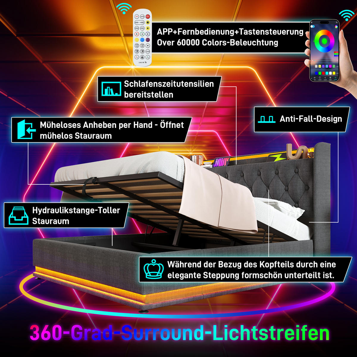 POLSTERBETT 180/200 cm mit LED, USB-C, hydraulischem Bettkasten und Leinenbezug, Grau - Grau, Holzwerkstoff (180/200cm) - Redom