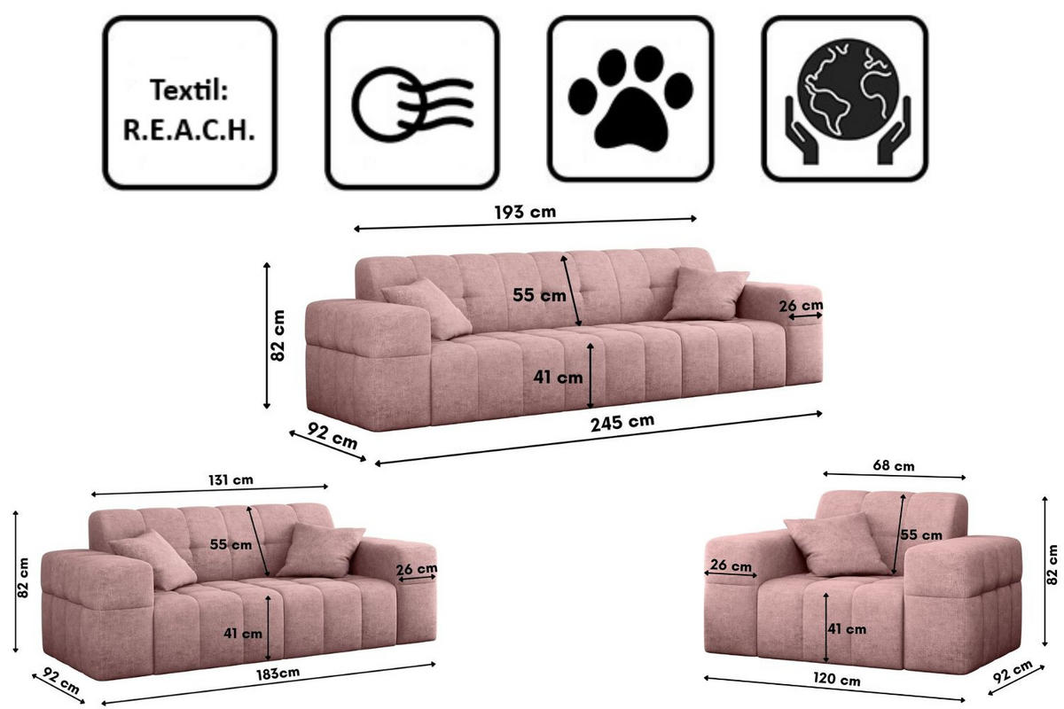 SITZGARNITUR 3+2+1 NIMES Stoff Perfect Harmony Rosa - Rosa, Holz/Textil (245/82/92cm) - Kaiser Möbel