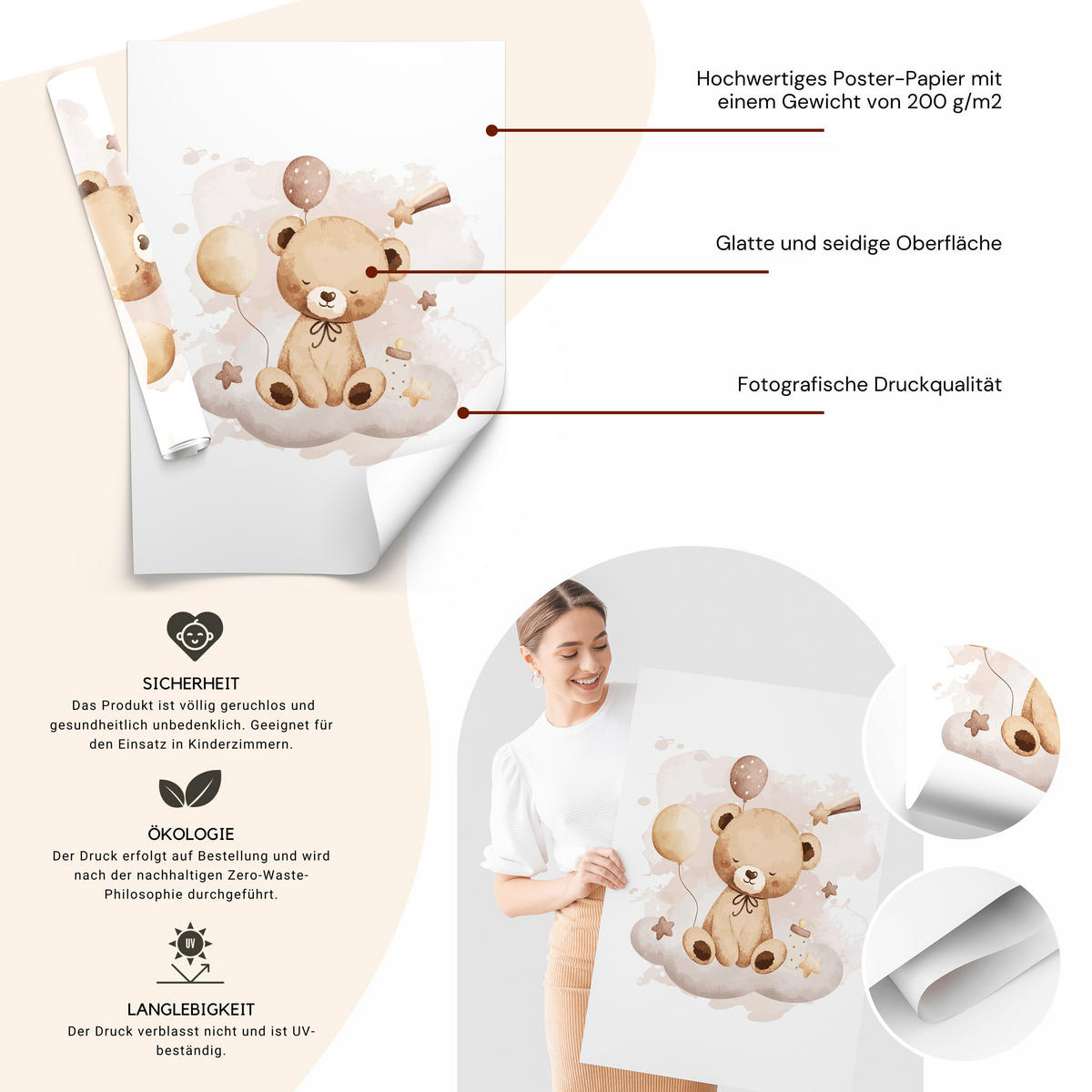SADA PLAGÁTOV Do Detskej Izby Spiace Medvede Na Oblakoch Hviezdy 3x Plagát A3 30 x 42 cm - hnedá/biela, papier (30/42/1cm) - Muralo