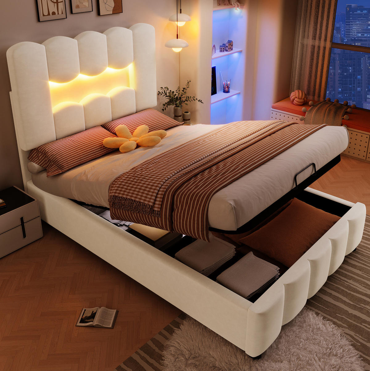 SAMT-POLSTERBETT 90/200 cm mit Bettkasten, LED-Beleuchtung & verstellbarem Kopfteil - Beige, Textil (90/200cm) - BEAOK