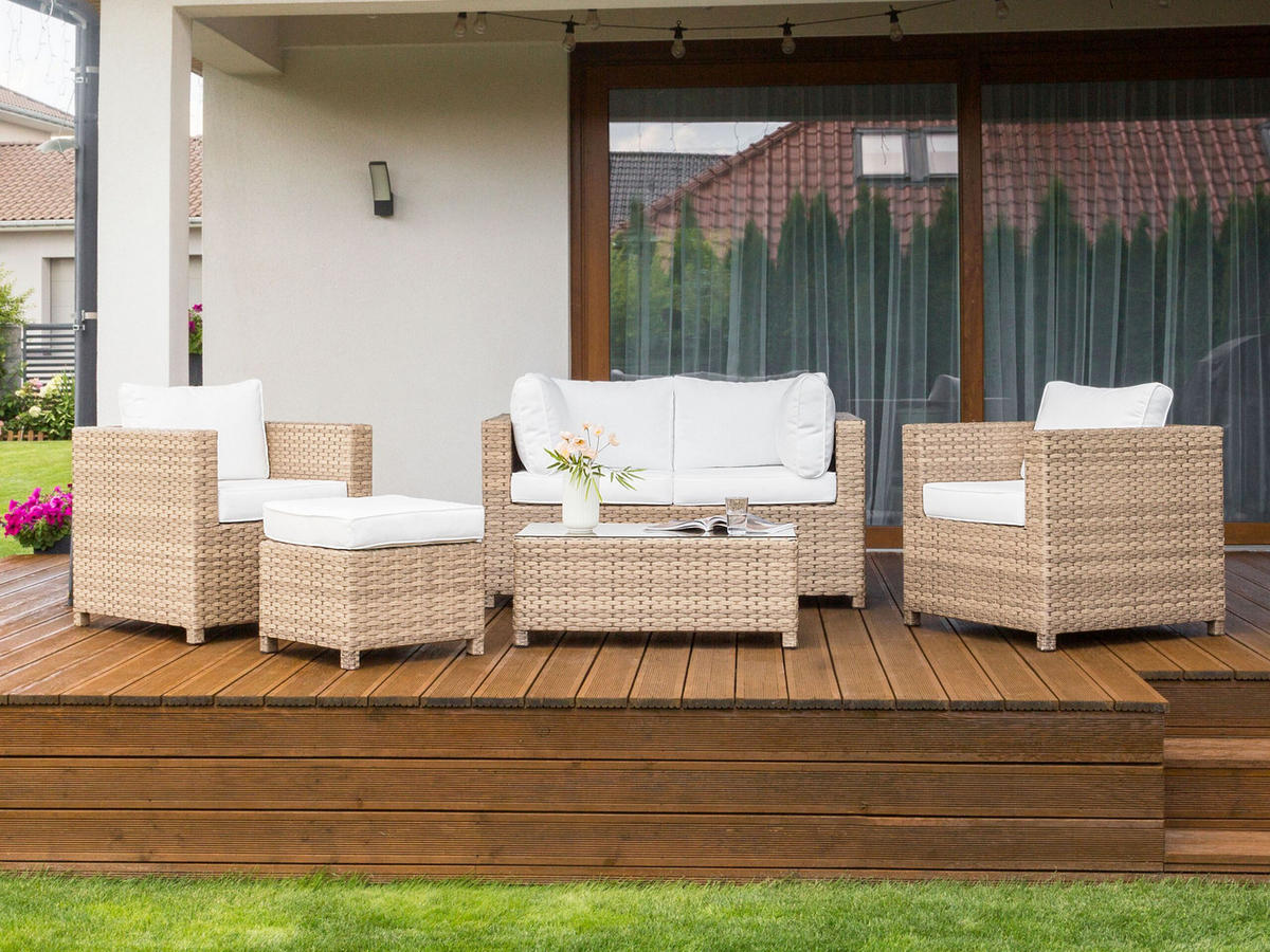 4-SITZER LOUNGE SET PE Rattan Cremeweiß Milano - Beige/Weiß, Kunststoff (75/75/140cm) - Beliani