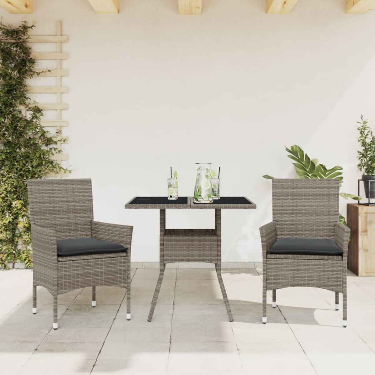 GARTEN-ESSGRUPPE 3-teilig Mit Kissen Grau Poly Rattan Und Glas - Grau, Kunststoff - vidaXL