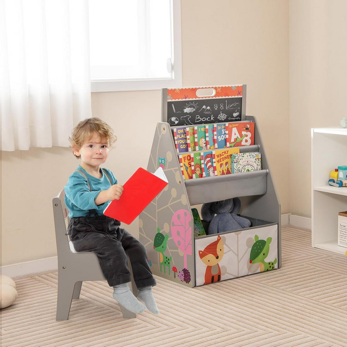 KINDERSITZ-SET mit magnetischer Whiteboard-Tafel grau(2-tlg) - Grau, Holzwerkstoff (50/85/50cm) - COSTWAY