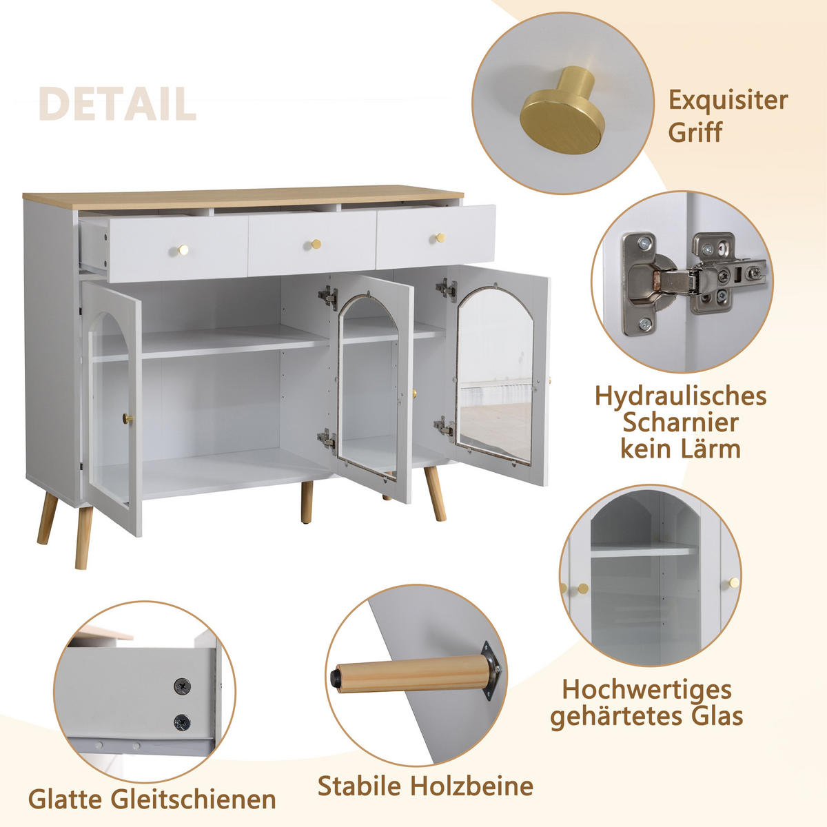 SIDEBOARD mit Glasfront und Schubladen Weiß/Eiche - Weiß, Glas/Holzwerkstoff (34/94/120cm) - Urban Meuble