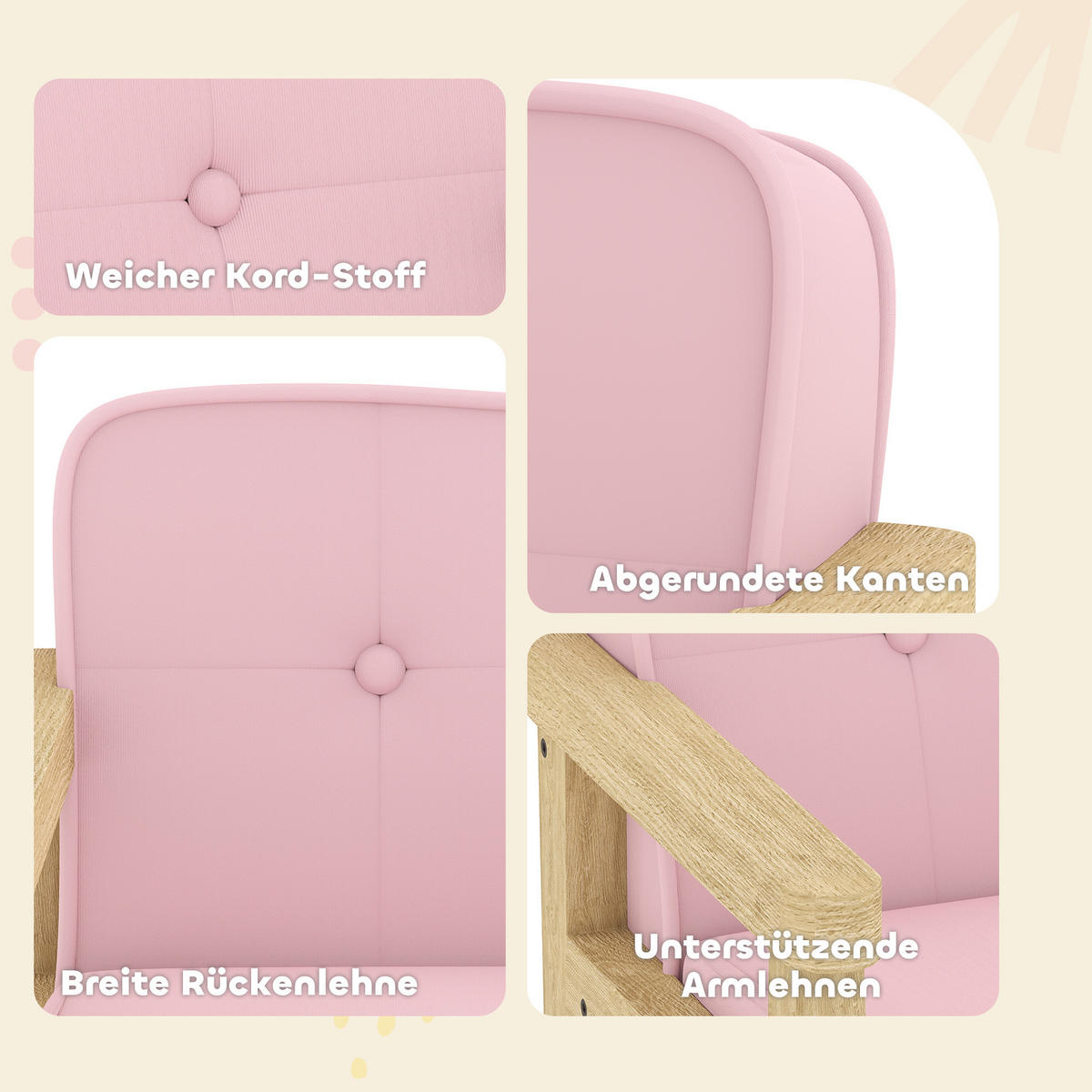 KINDERSESSEL, gepolsterter Kindersofa mit Holzrahmen, Cordoptik, für Spielzimmer - Rosa/Naturfarben, Holz/Holzwerkstoff (44/45/46.5cm) - AIYAPLAY