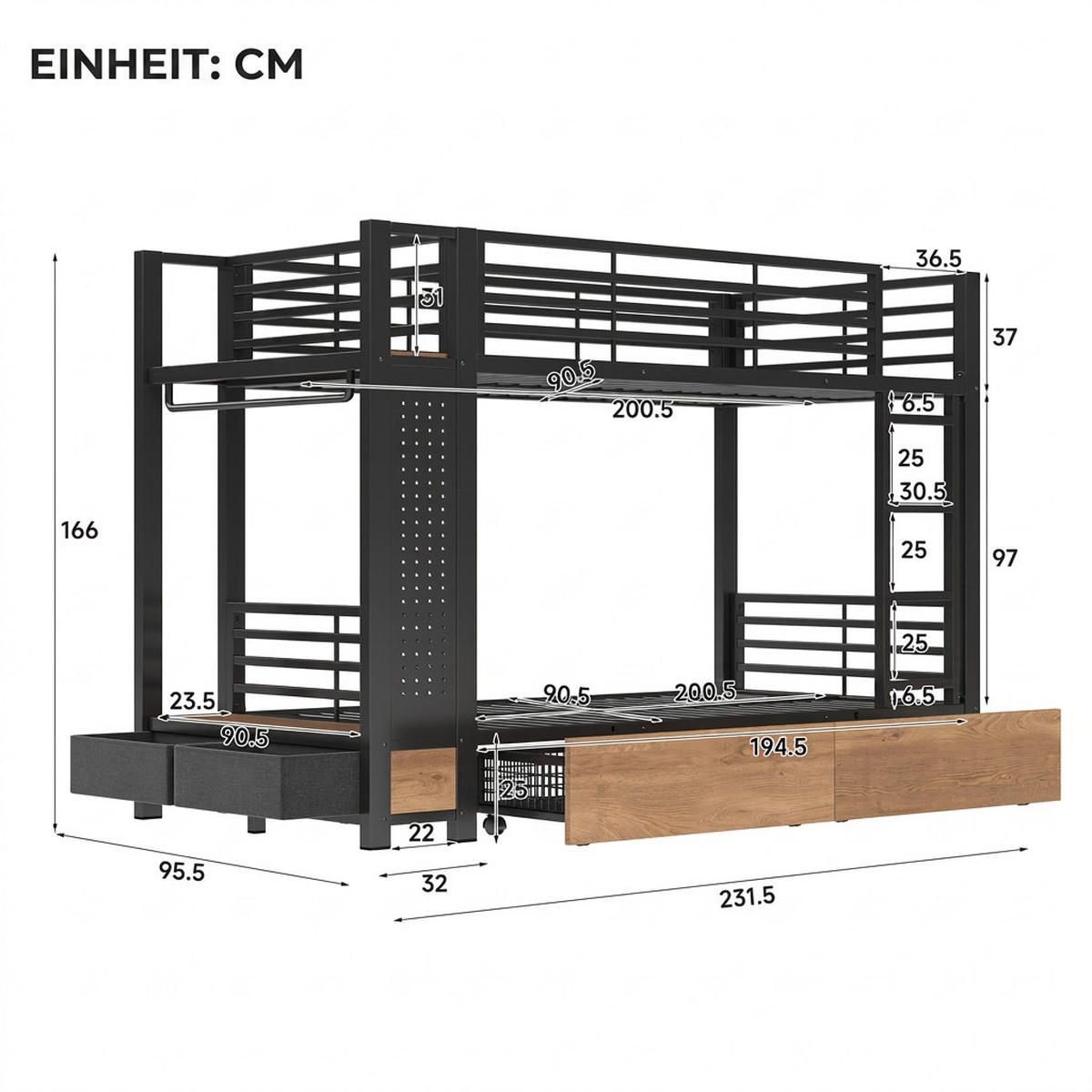 ETAGENBETT 90/200 cm Schwarz mit 4 Schubladen, LED-Lichtleiste und Kleiderstange - Schwarz, Metall (90/200cm) - Oxeza