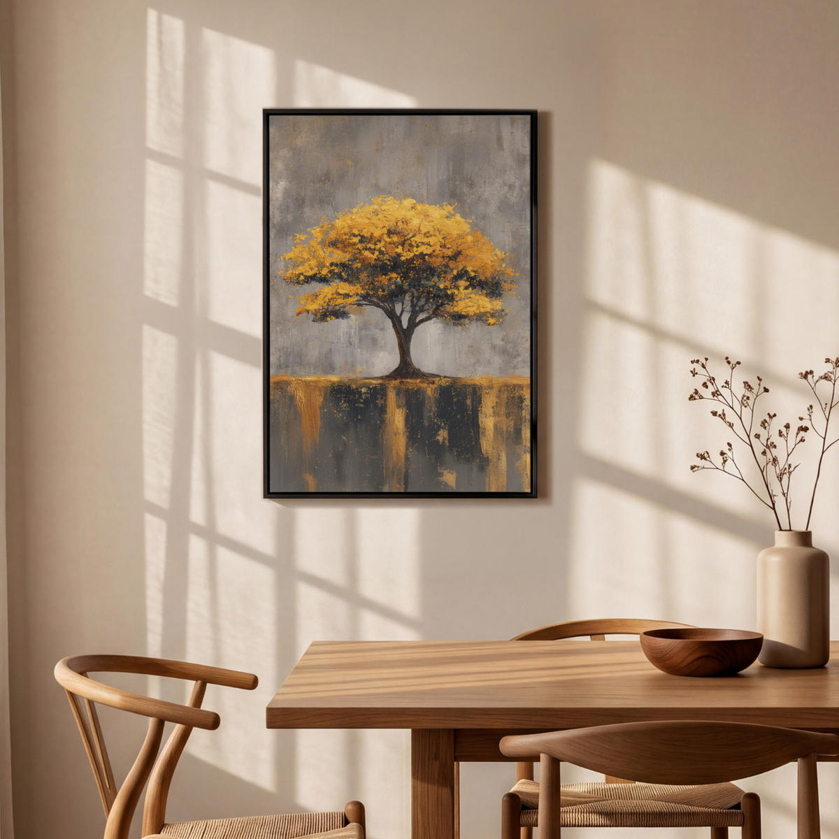 LEINWAND Bilder mit Rahmen - Baum - Blätter - Gold - Abstrakt - 60x90 - Grau, Textil (60/90cm) - MuchoWow