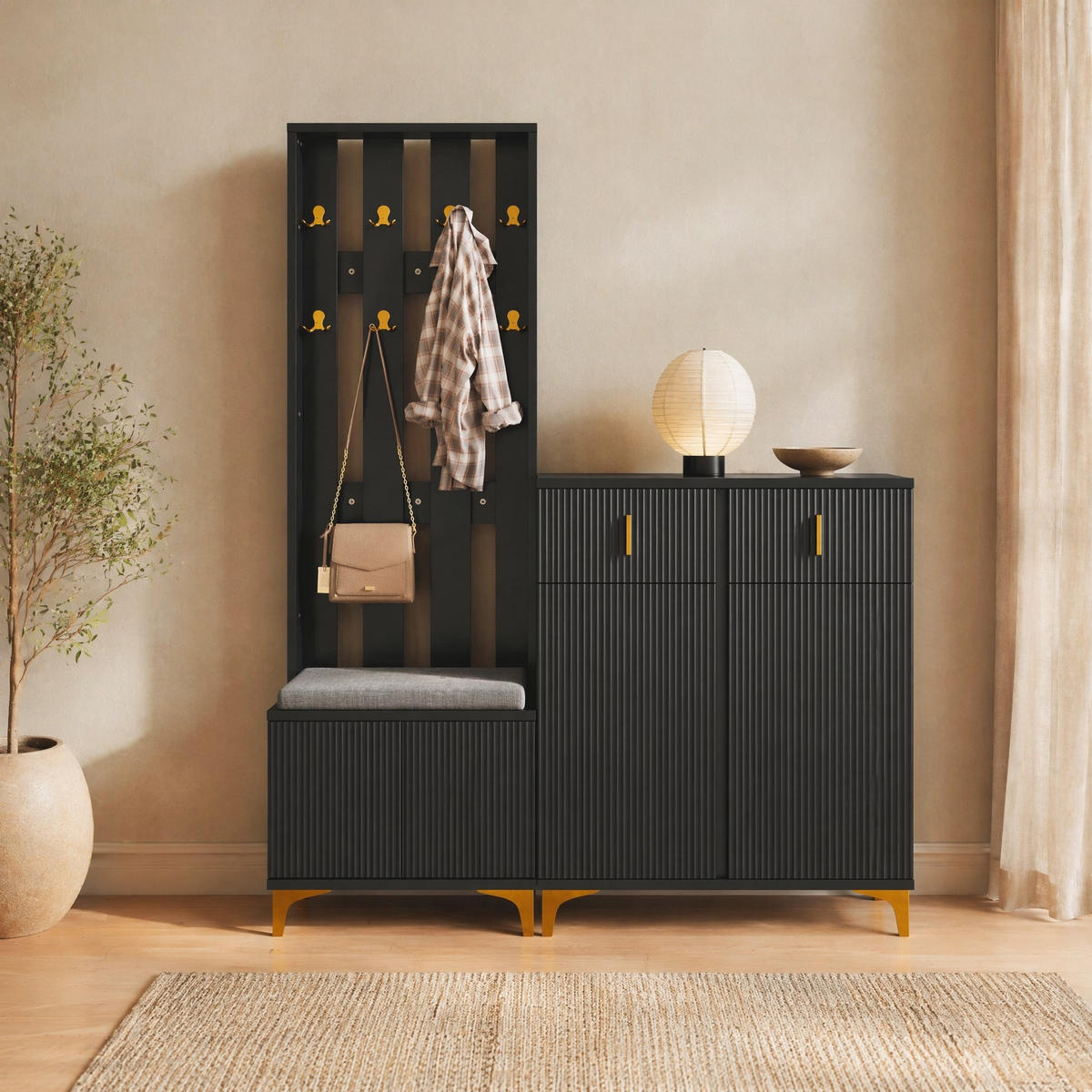 IN Schwarz Kleiderschrank-Set mit Schuhbank und Kissen, Schubladen und Türen, B60.5/T35.2/H180.5cm und B83/T35/H101cm - Goldfarben/Schwarz, Holzwerkstoff/Metall (60.5/180.5/35.2cm) - STILVORA