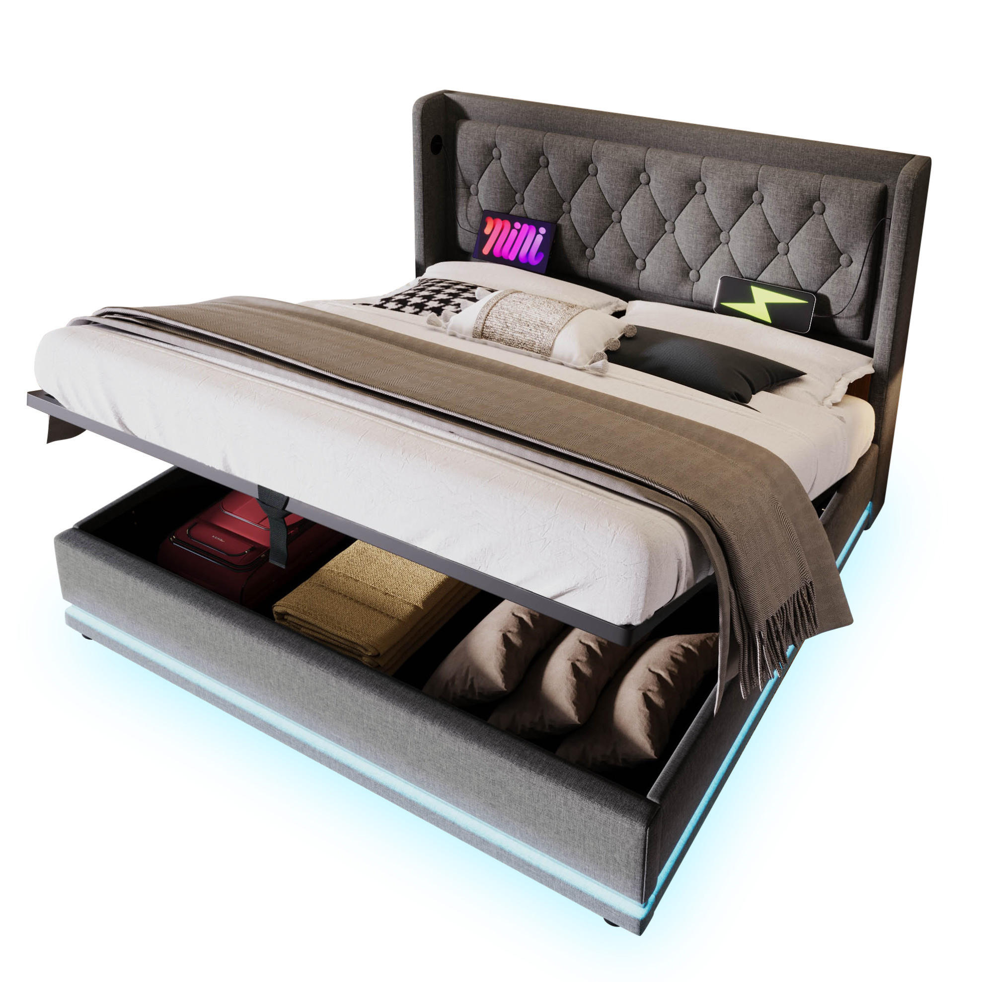 POLSTERBETT 140/200 cm mit Matratze, USB- und Typ-C-Anschluss, Matratze, hydraulischem Stauraum und 3-seitiger LED-Beleuchtung, Grau - Grau, Textil (140/200cm) - Redom