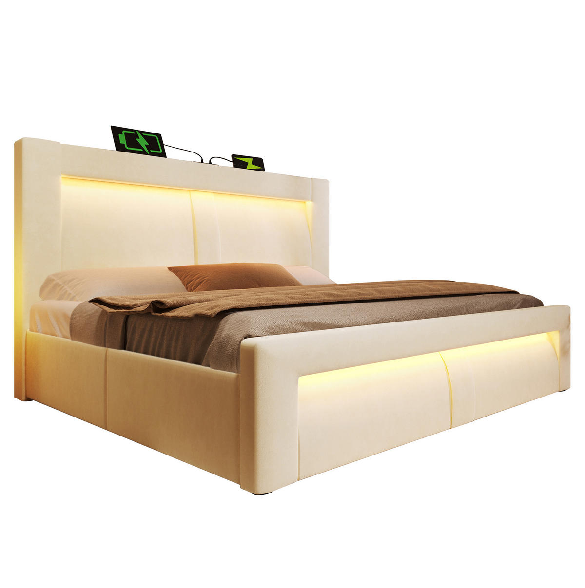 ČALOUNĚNÁ postel ze sametu 180x200 cm béžová s LED, USB a Type-C, hydraulickým úložným prostorem - béžová, textil (180/200cm) - Modfu