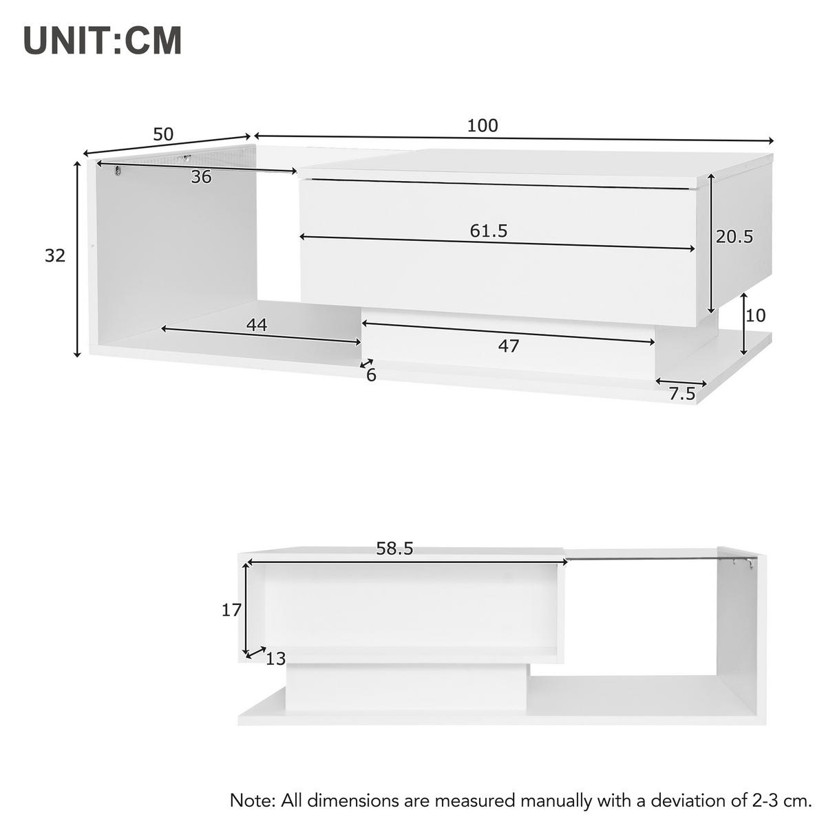 COUCHTISCH, Weiß Hochglanz mit Glas & LED, mit Schublade, 100/50/32 cm,Weiß - Weiß, Holzwerkstoff (100/50/32cm) - Redom