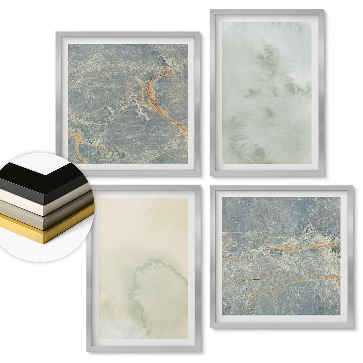 WANDBILDER 4er Set - 50x50 cm & 40x60 cm Silberner Rahmen - Pastellfarben auf Aquarellleinwand - Silberfarben, Kunststoff (50/50cm) - ArtPrintCave