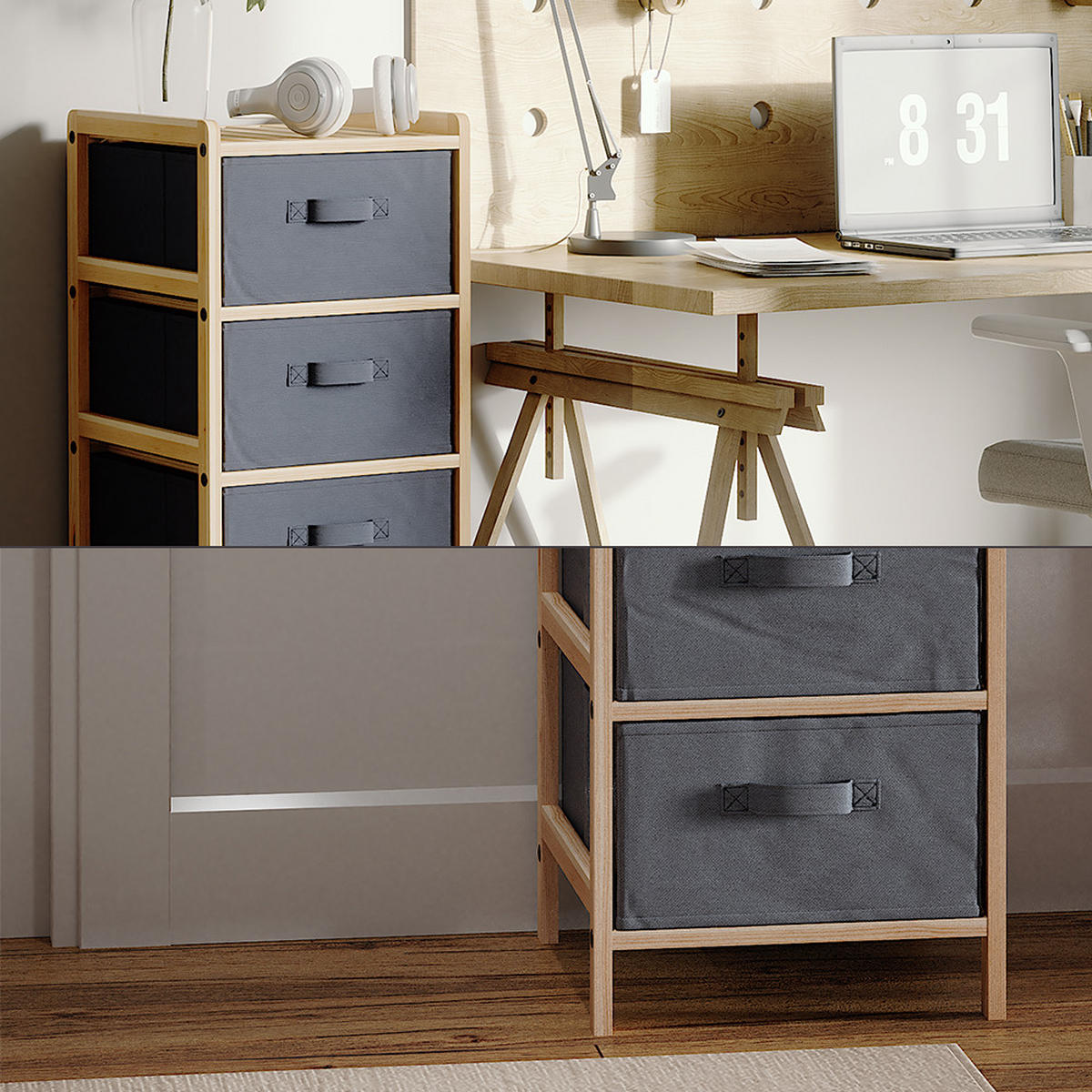 KOMMODE Bruno Grau 34.5 x 86 cm mit 4 Stoffschubladen - Naturfarben/Grau, Holzwerkstoff (34.5/86/36.5cm) - Vicco