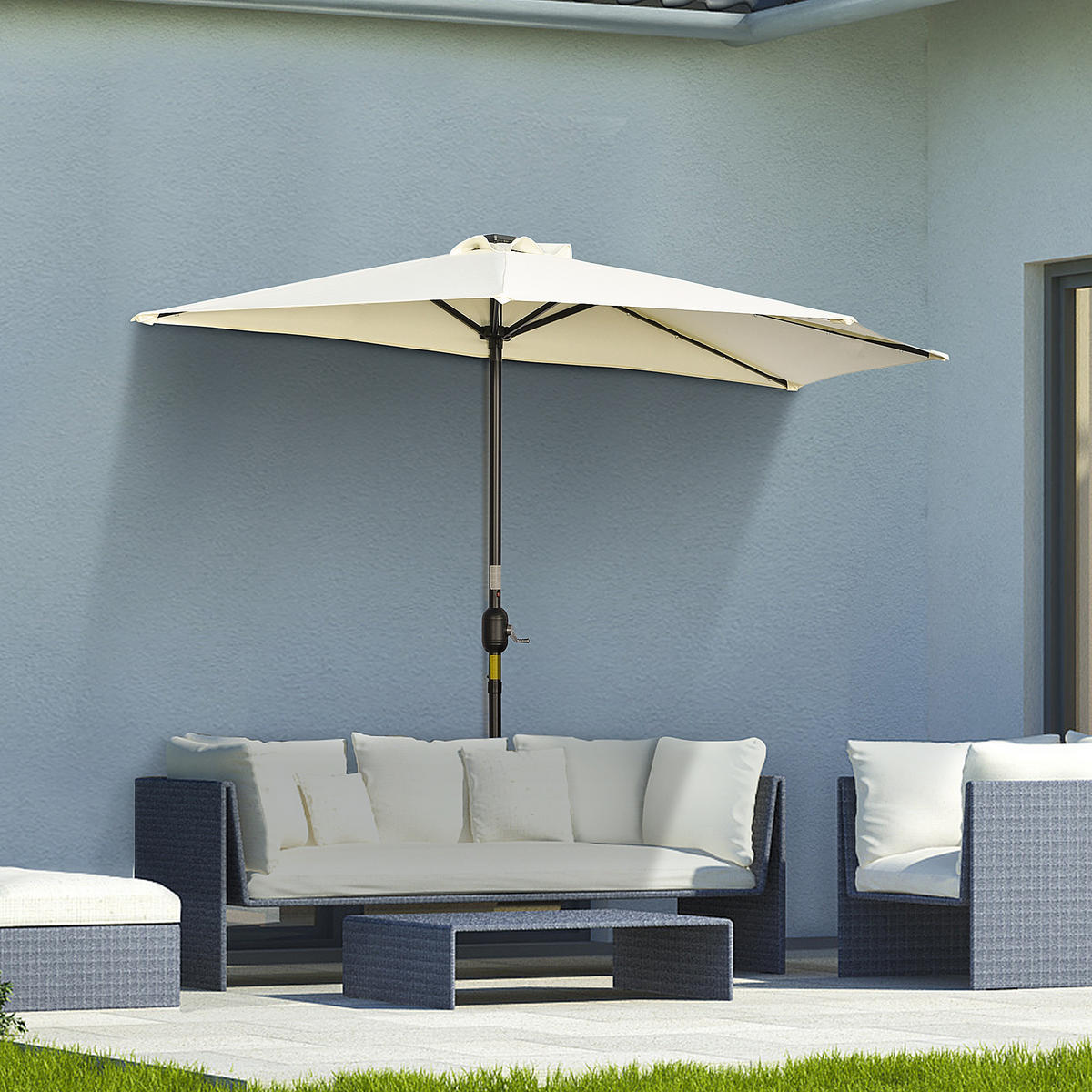 SONNENSCHIRM DE-05576 Halbrund mit Solar-LEDs, Handkurbel Beige - Beige, Textil/Metall (135/270cm) - ComfortXL