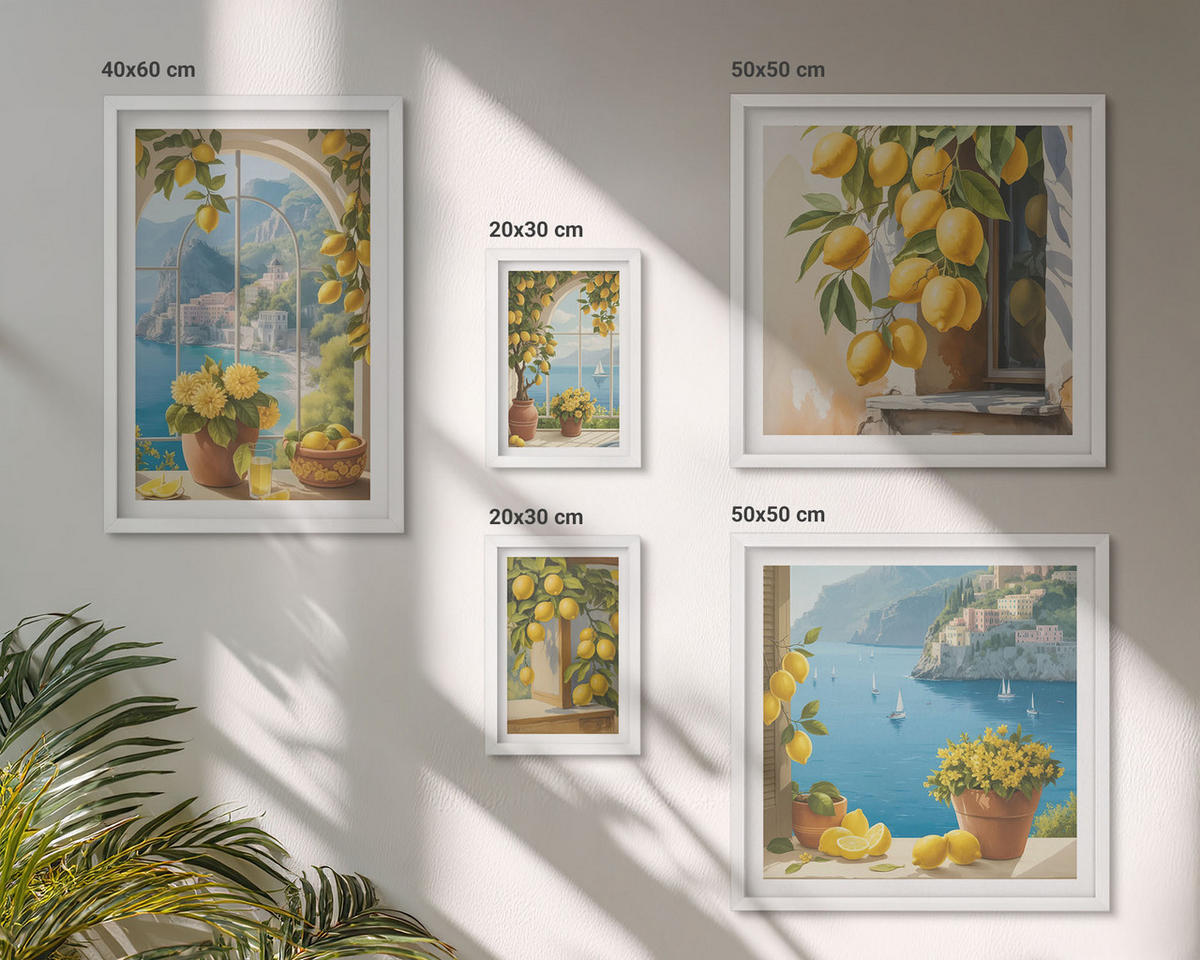 BILDER SET 5er Set - 50x50 cm & 20x30 cm & 40x60 cm Weißer Rahmen - Meerblick, italienische Zitronen - Weiß, Kunststoff (40/60cm) - TULUP