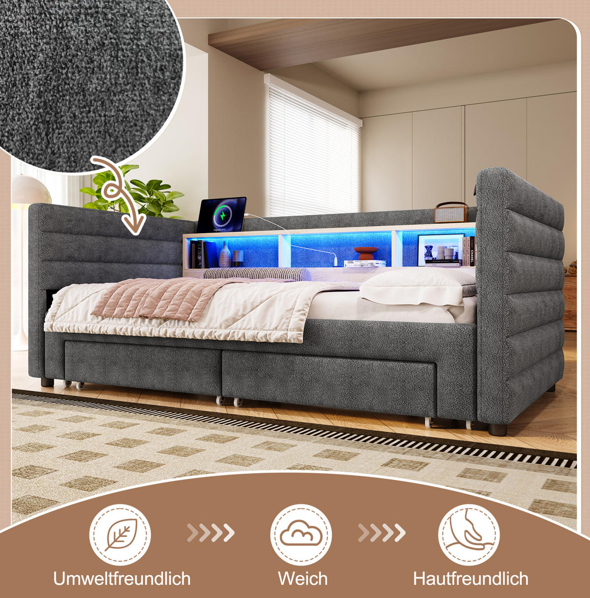 POLSTERBETT 90/190 cm Grau aus Samt mit Ausziehfunktion - Grau, Textil (90/190cm) - OKMYHOME