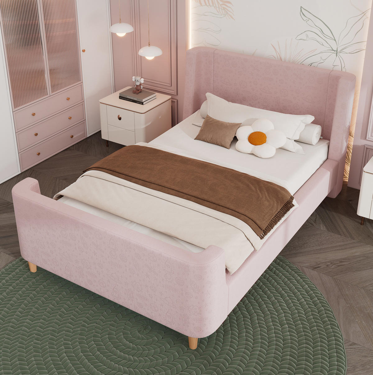 KINDEREINZELBETTEN aus Samt 90x200 cm in Rosa mit Weltraummuster - Rosa, Textil (90/200cm) - Modfu