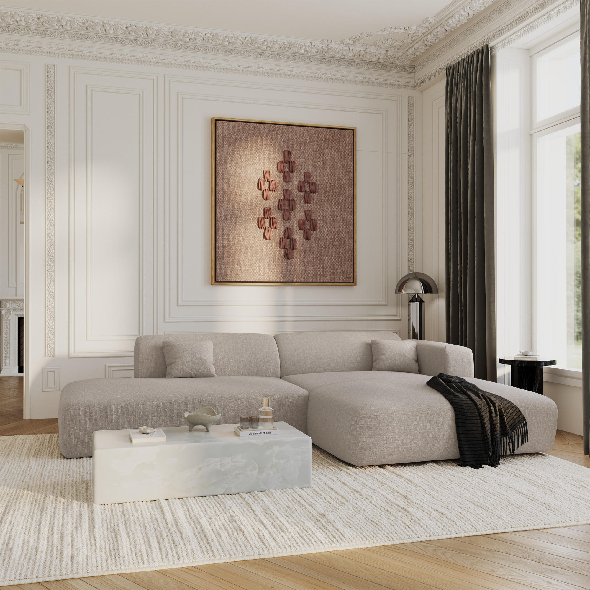 ECKSOFA RECHTS Rastergewebe Beige 310cm - Beige, Textil (300/96cm) - Sia Home