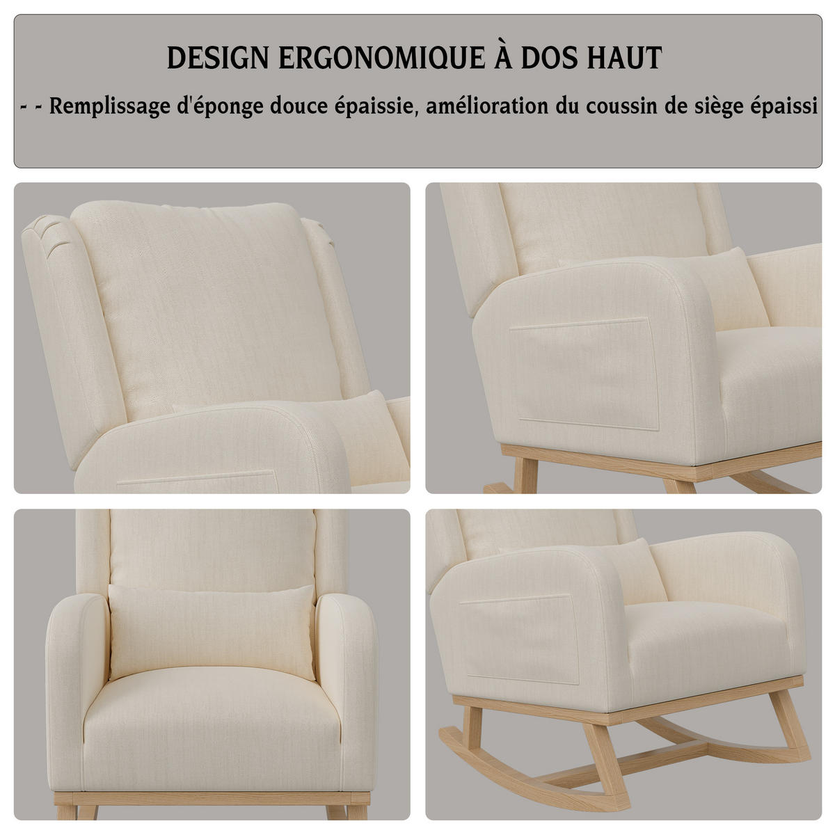 SCHAUKELSTUHL Schaukelsessel mit 2 Seitentaschen, Beige - Beige, Holz (93/96/68cm)