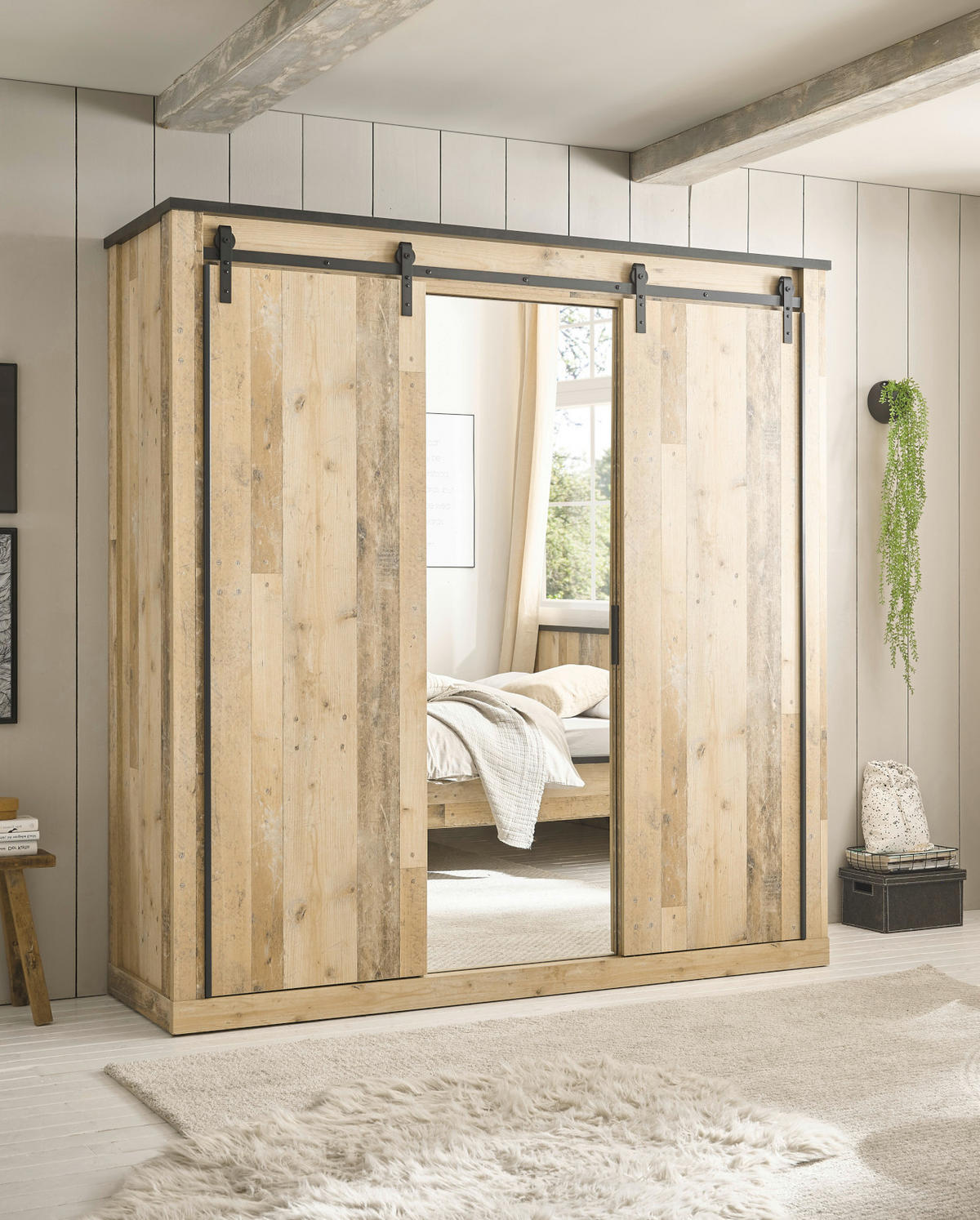 KLEIDERSCHRANK Used Wood hell, dunkles Grau 201 x 209 cm, Schiebetürenschrank 3-türig mit Spiegel - Dunkelgrau/Schwarz, Glas/Holzwerkstoff (201/209/63cm) - Furn.Design