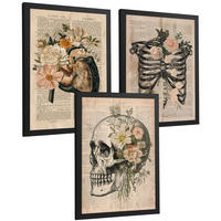 POSTER Set aus 3 Anatomie Mensch Drucke und Wandbilder mit Leber Rippen und Schädel Retro Floraler Stil Wanddekoration Größe Schwarzer Rahmen A4 - Schwarz, Papier (21/29.7/3cm) - Nacnic