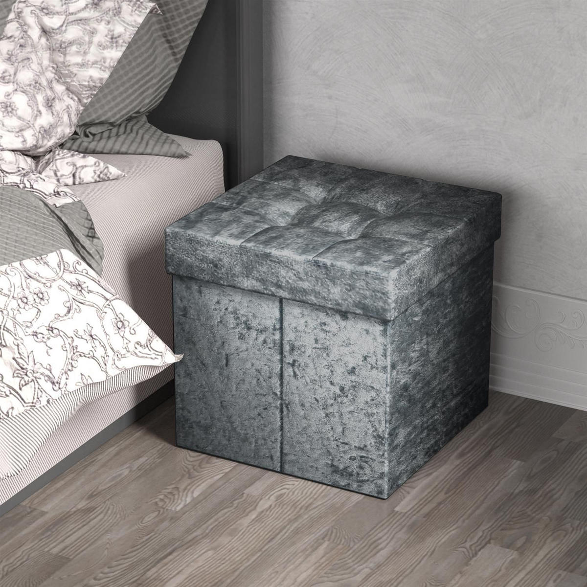 SITZHOCKER Faltbar mit Samtbezug 38/38/38 cm(Grau) - Grau, Karton (38/38/38cm) - Intirilife