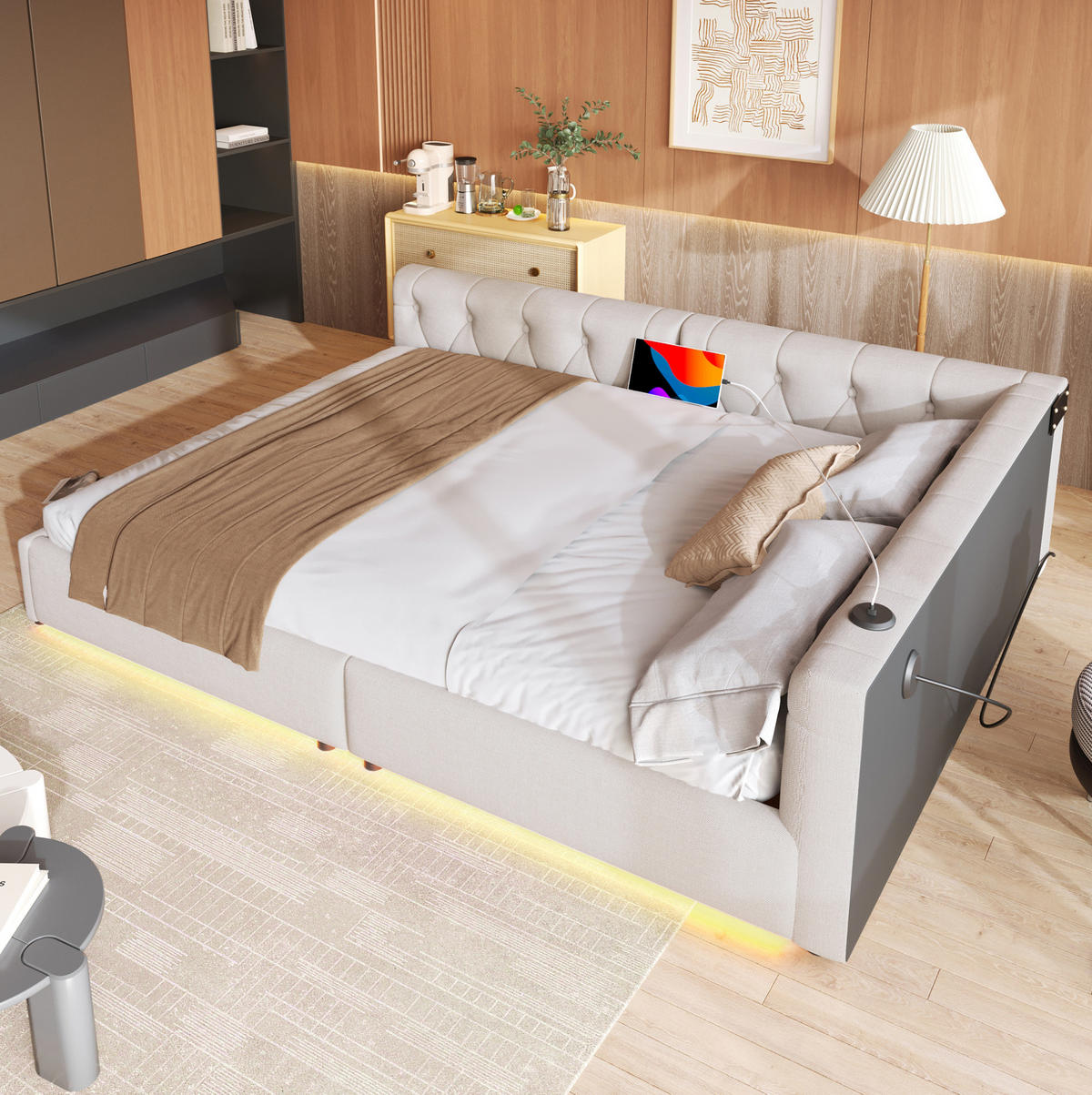 SCHLAFSOFA aus Leinen und MDF 140x200 cm Beige mit LED-Beleuchtung und USB-/Typ-C-Anschlüssen - Beige, Textil (140/200cm) - IVMEU
