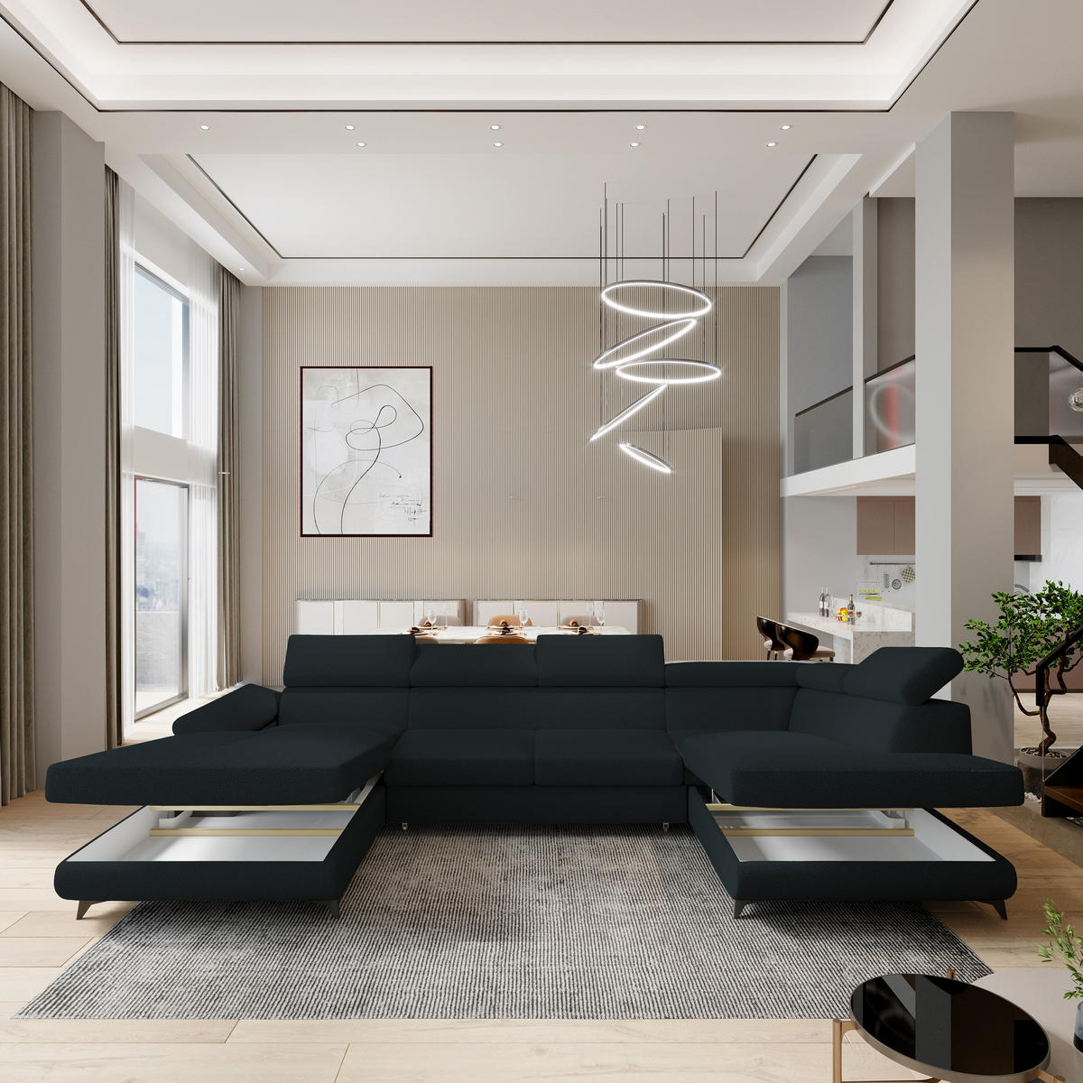 WOHNLANDSCHAFT RUBANO R-S Schwarz Boucle-Stoff mit Schlaffunktion - Schwarz, Holz (339/89/190cm) - MASSENO