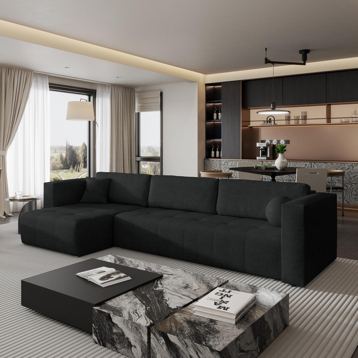 ECKSOFA OLVERA Schwarz Geflochtener Stoff mit Schlaffunktion - Schwarz, Holz (347/148cm) - MASSENO