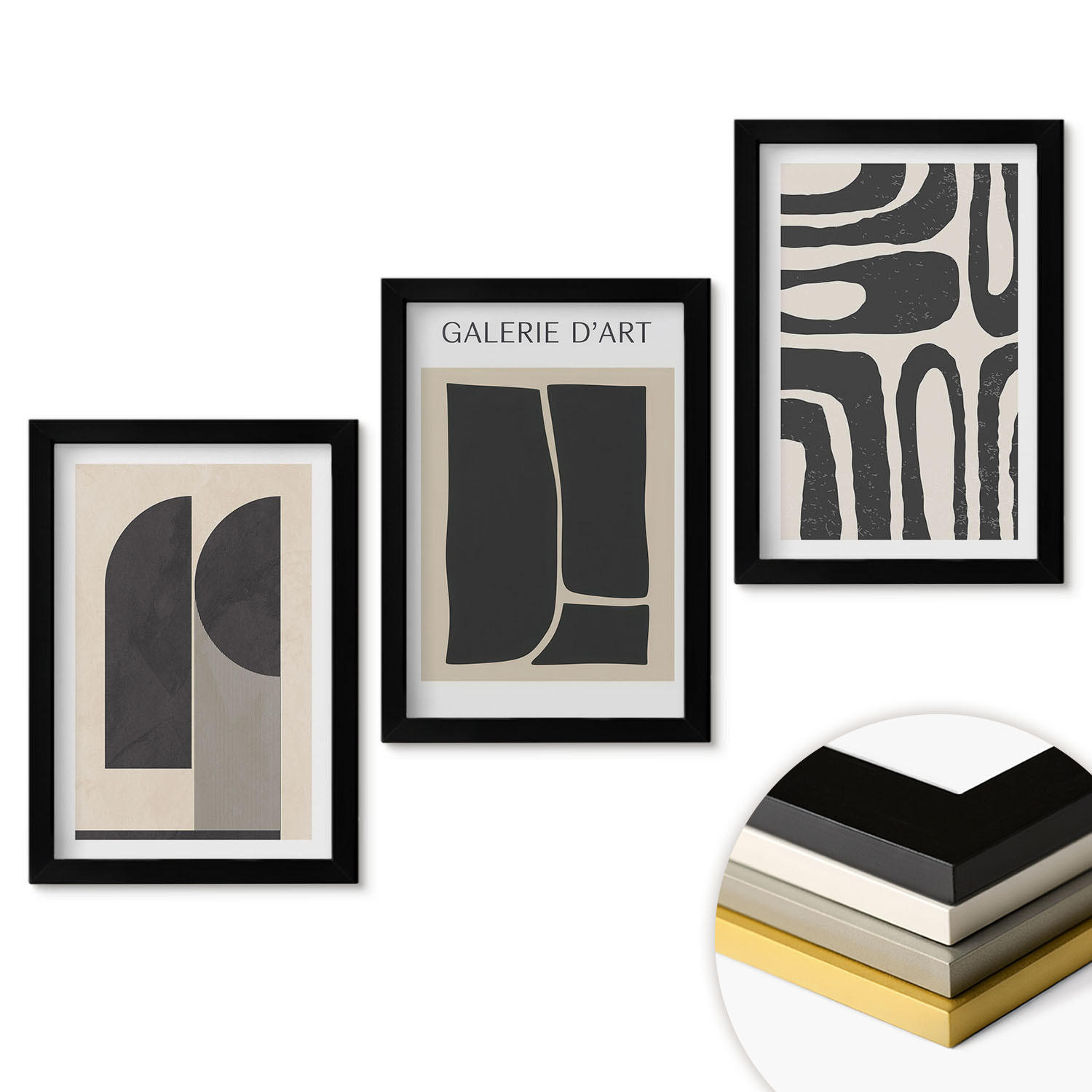 WANDBILDER 3er-Set - 20x30 cm Schwarzer Rahmen - Abstrakte minimalistische Poster - Schwarz, Kunststoff (20/30cm) - ArtPrintCave