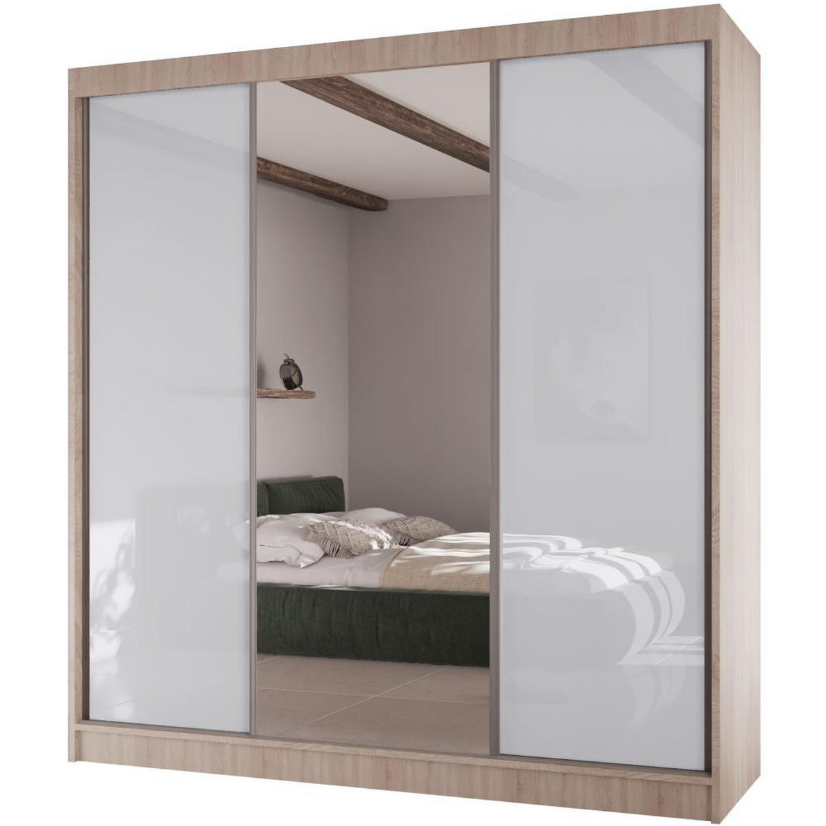 SCHWEBETÜRENSCHRANK Velis II 200/61/215 eiche sonoma+weiß - Weiß/Sonoma Eiche, Holzwerkstoff (200/215/61cm) - Beautysofa