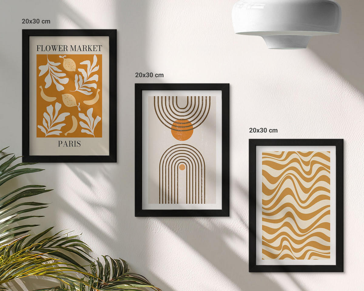 BILDER SET 3er Set - 20x30 cm Schwarzer Rahmen - Poster mit geometrischen Pflanzenmustern - Schwarz, Kunststoff (20/30cm) - TULUP
