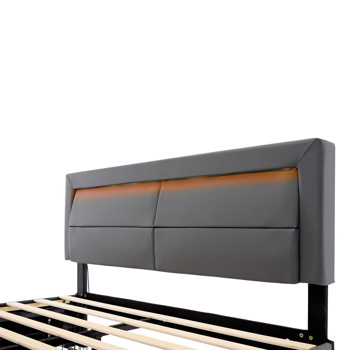 POLNJENA postelja iz PU 140x200 cm siva z USB priključkom, LED osvetlitvijo in 4 predali - siva, usnje (140/200cm) - Modfu