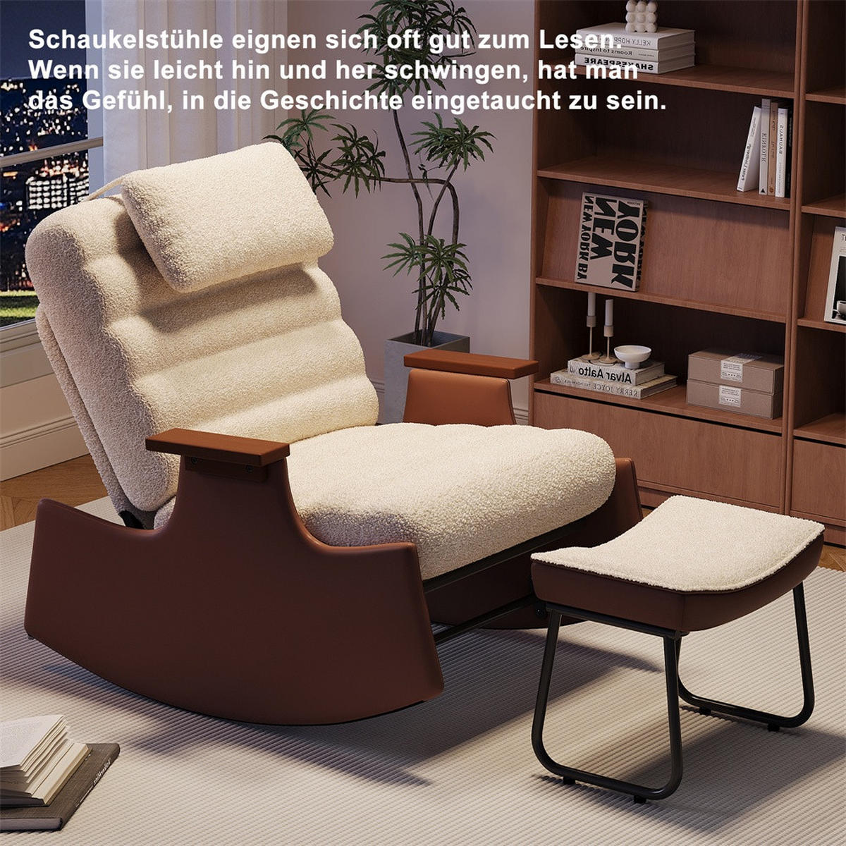 SCHAUKELSTUHL mit Hocker und Kopfkissen - 3-stufig verstellbare Rückenlehne und Lammfell-Imitat - Beige-Braun - Beige, Textil (61.5/81/51.5cm) - DELFA