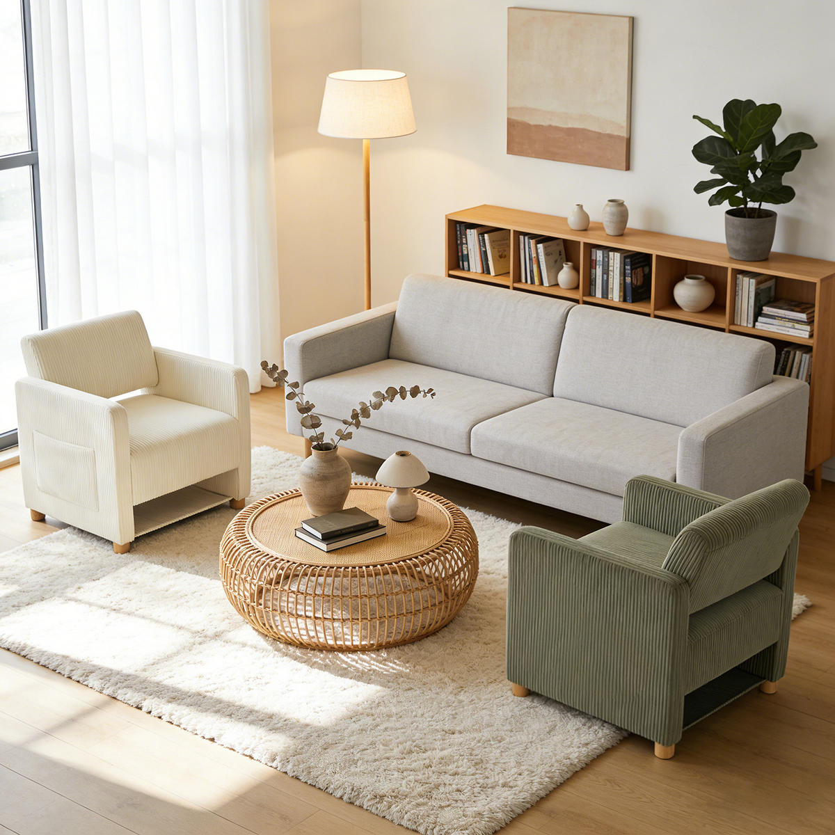 SESSEL, 2er-Set, mit Armlehnen, Cordbezug und Massivholzfüßen, Beige und Grün - Beige/Grün, Holz (66/76.5/73.5cm) - Meubles Cosy