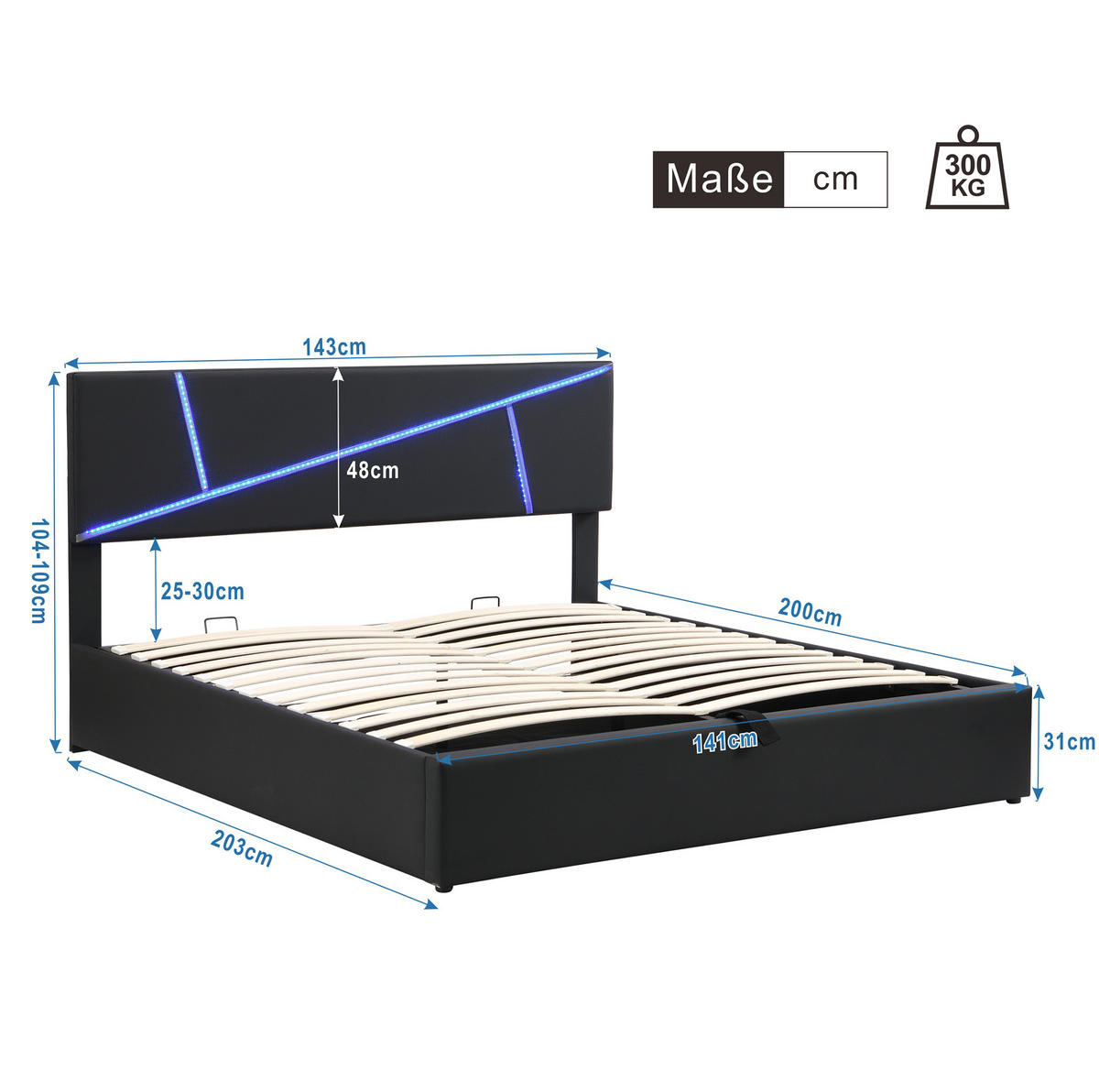 POLSTERBETT 140/200 cm Schwarz aus PU mit LED und Bettkasten - Schwarz, Kunststoff (140/200cm) - OKMYHOME