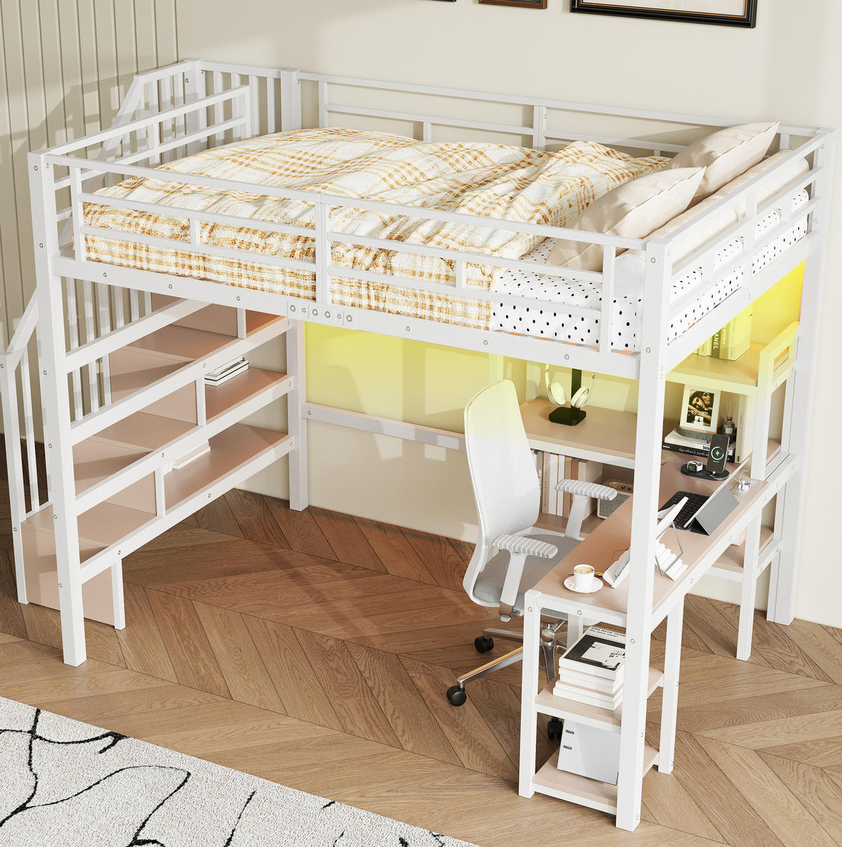 HOCHBETT 140/200 cm Weiß mit Schreibtisch und LED - Weiß, Metall (140/200cm) - MIVRAY