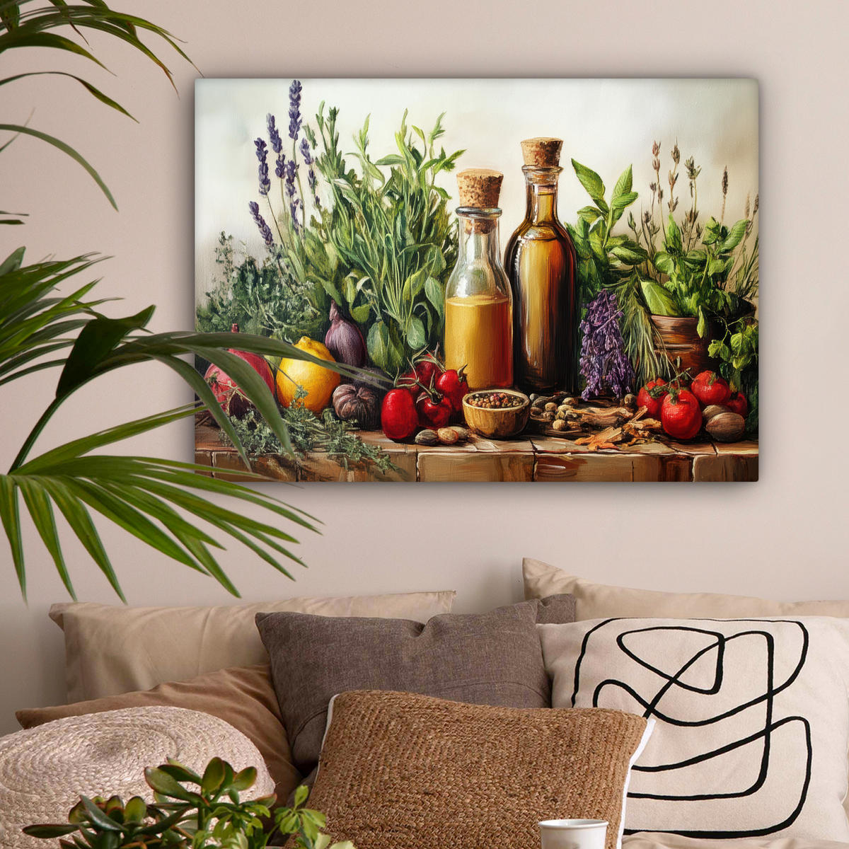 LEINWANDBILD Stilleben - Kräuter - Gewürze - Früchte - Farbenfroh Wandbilder 80x60 cm - Grün, Textil (80/60cm) - MuchoWow