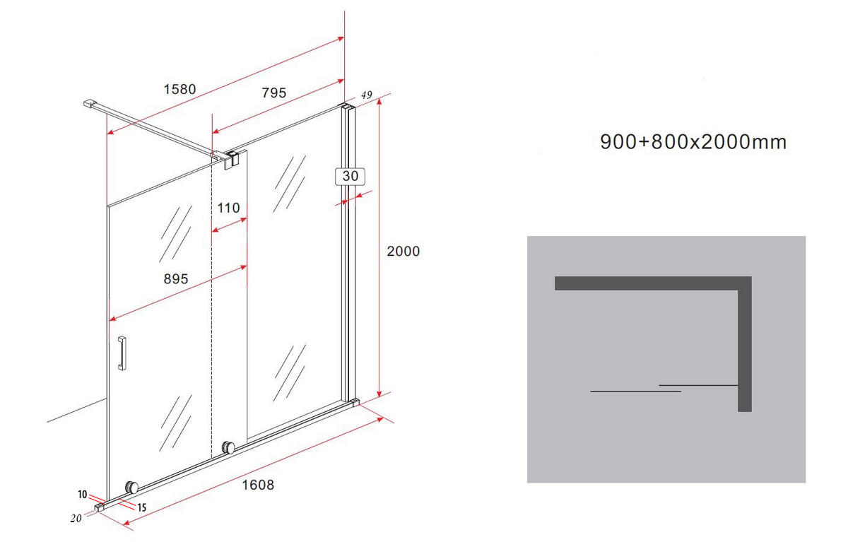 SCHIEBETÜR-DUSCHWAND TRAVERSO Klar 160 x 200 cm 8 mm ESG - Klar, Glas (160/200cm) - Glasdeals