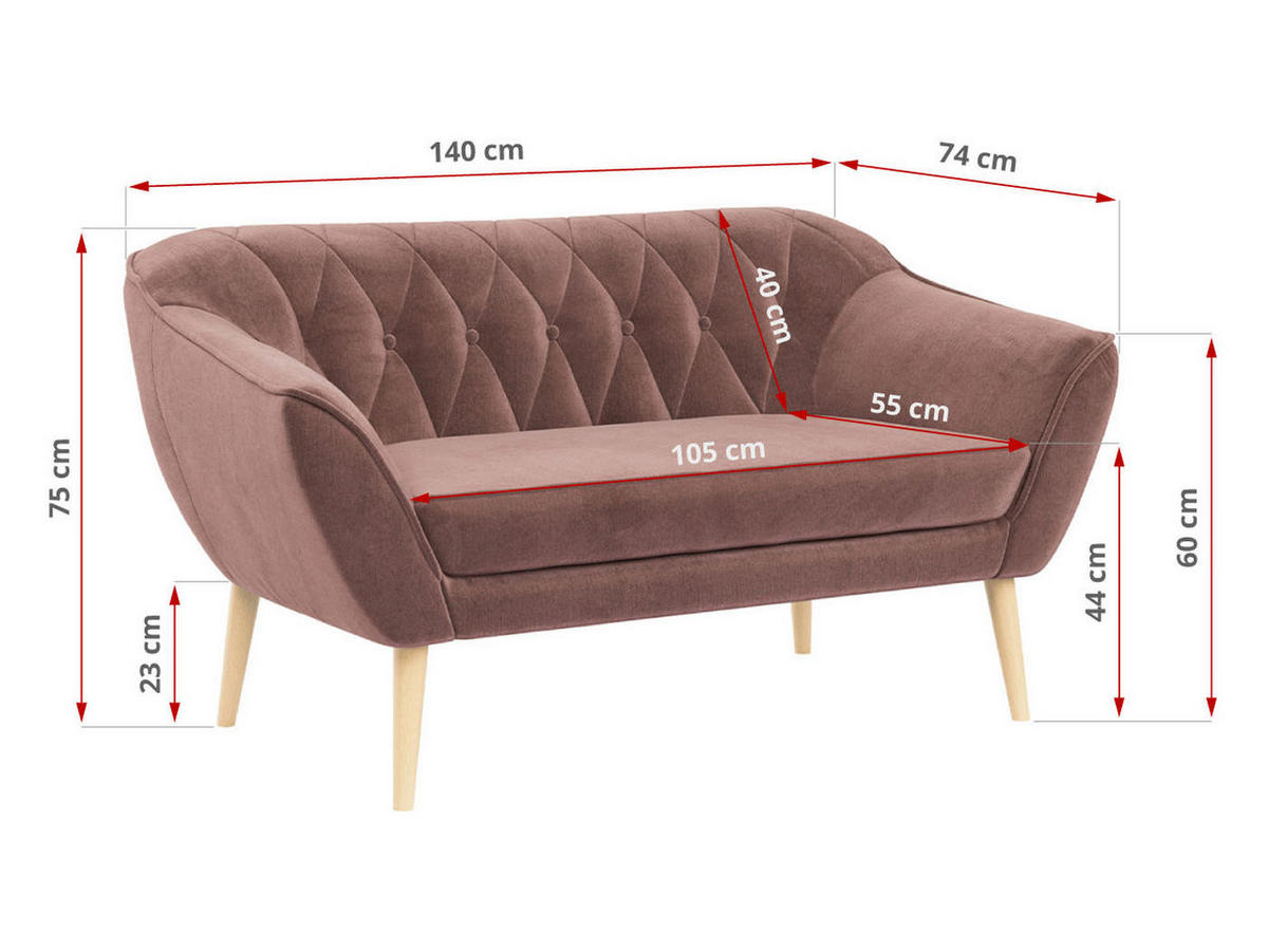 SOFA Pirs 2 Sitzer Velvet Rosa - Rosa/Braun, Holz/Textil (140/75/74cm) - MKS