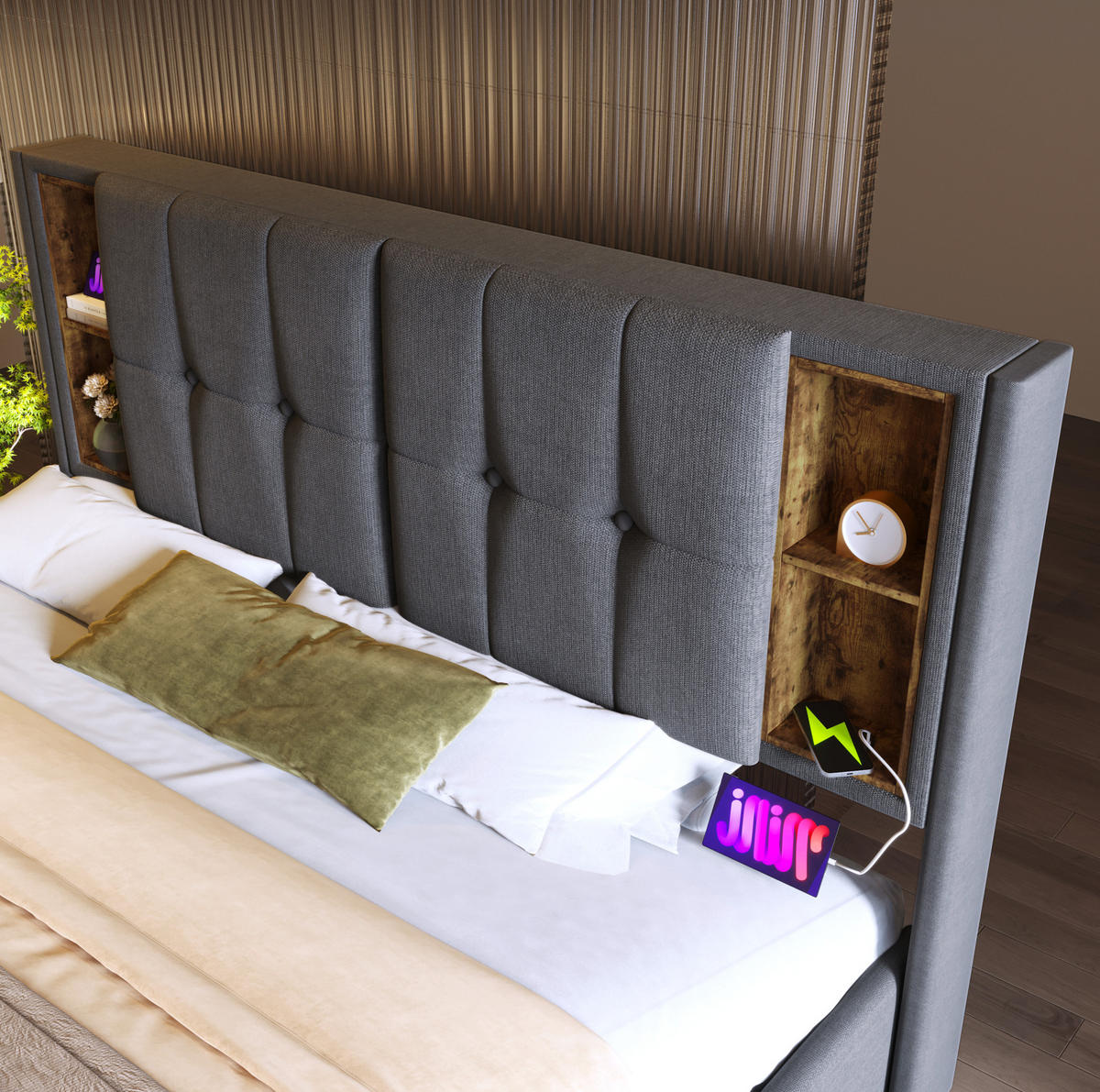POLSTERBETT 140/200 cm mit kabellosem Laden, USB, Matratze, USB-C und Bettkasten, Baumwolle, Grau - Grau, Textil (140/200cm) - Redom