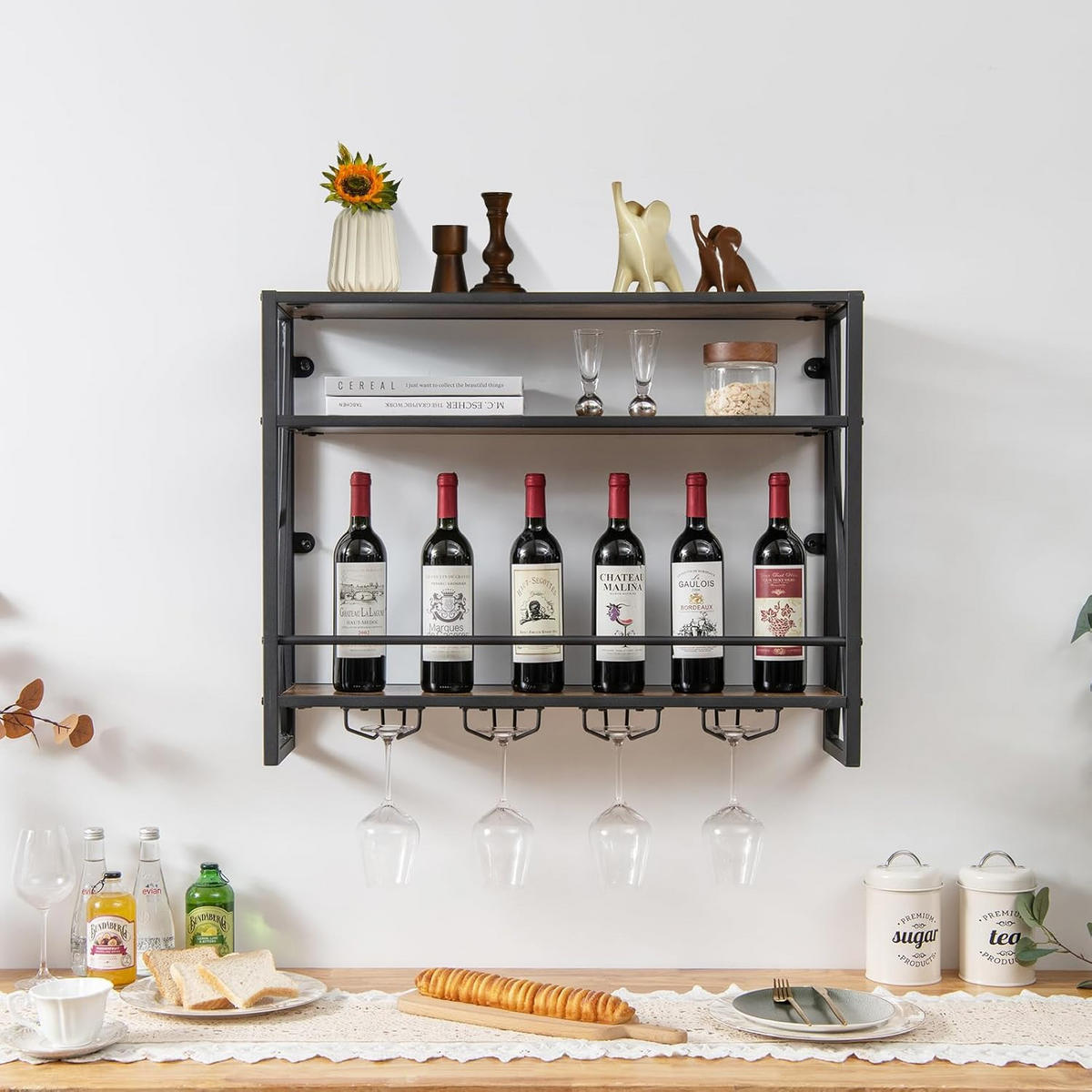 WEINREGAL mit 4 Reihen Weingläserhalter Vintage Eiche Dekor - Alteiche, Holz (80/63/20cm) - COSTWAY
