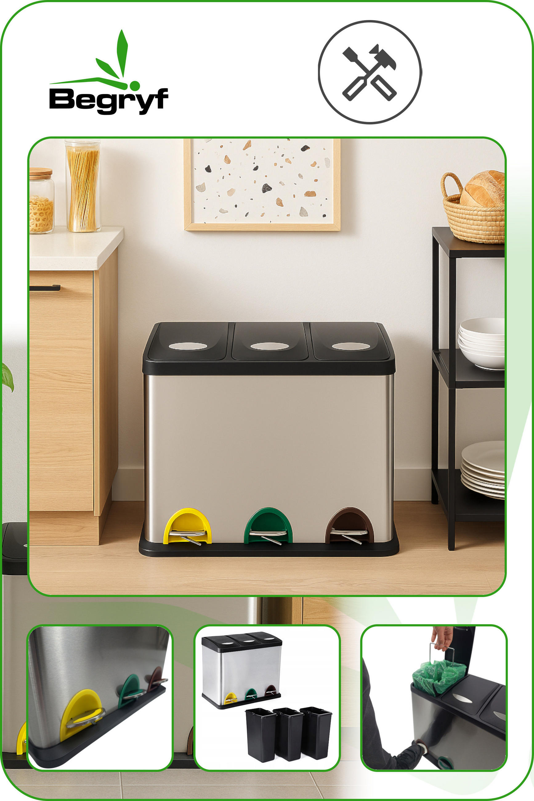 ABFALLSAMMLER 3-tlg. Edelstahl Schwarz 46,5/29,5/65 cm 24L - Silberfarben/Multicolor, Metall (46.5/40.5/29.5cm) - Begryf