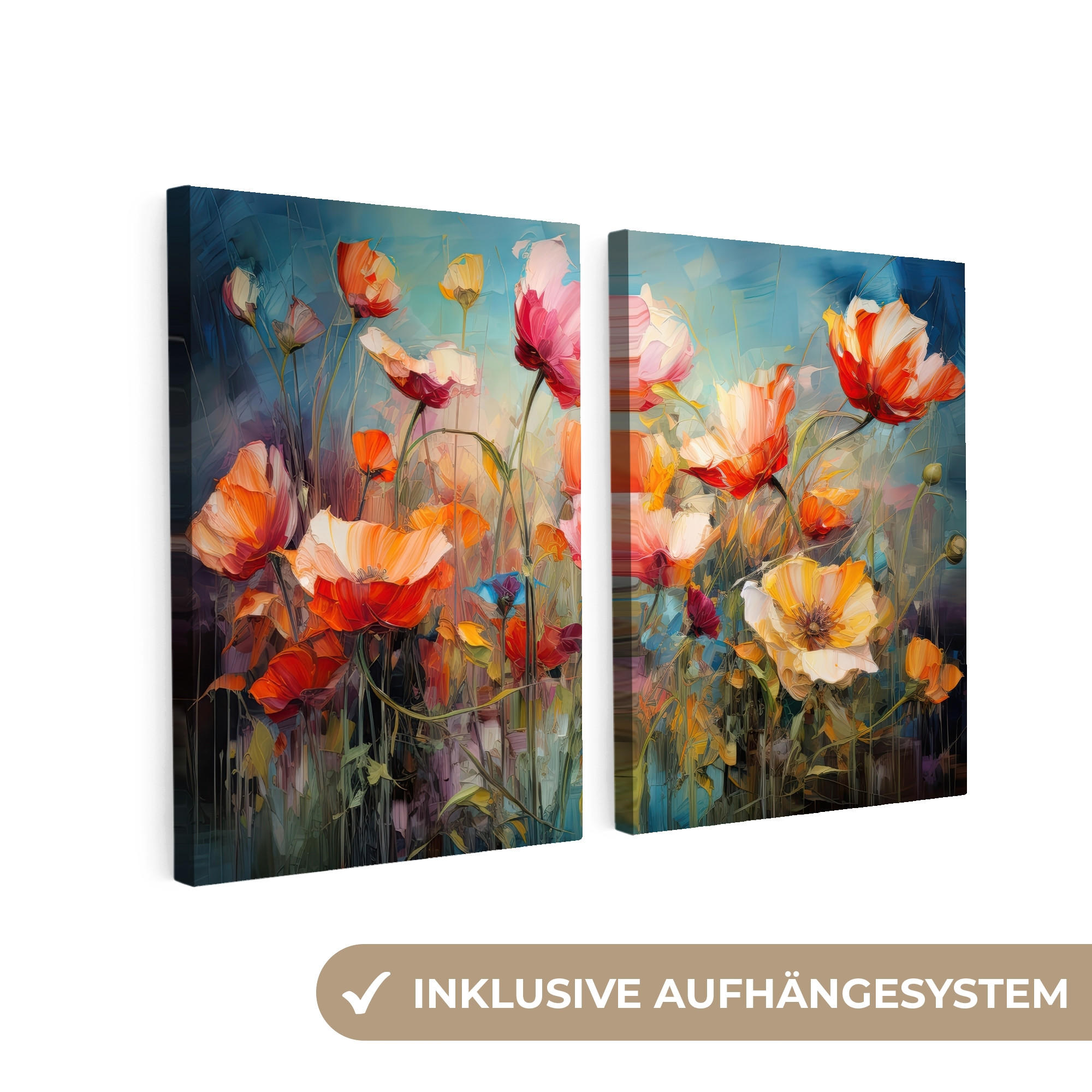 LEINWANDBILD 2er Set Blumen - Bunt - Abstrakt 100x70 cm - Blaugrau, Textil (100/70cm) - MuchoWow