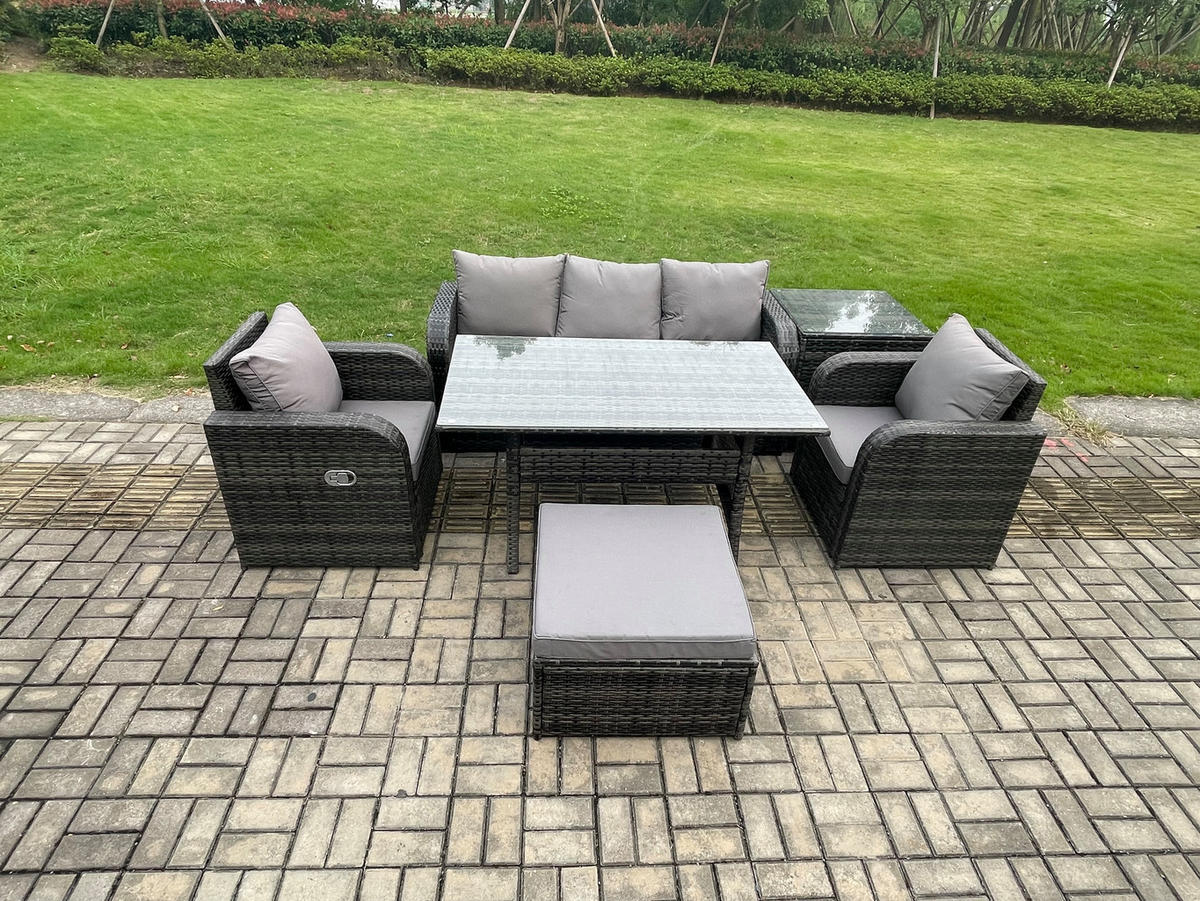 GARTENSET mit 3-Sitzer-Sofa,Beistelltisch,Esstisch Polyrattan 6-Sitzer - Dunkelgrau/Grau, Glas/Kunststoff - Fimous