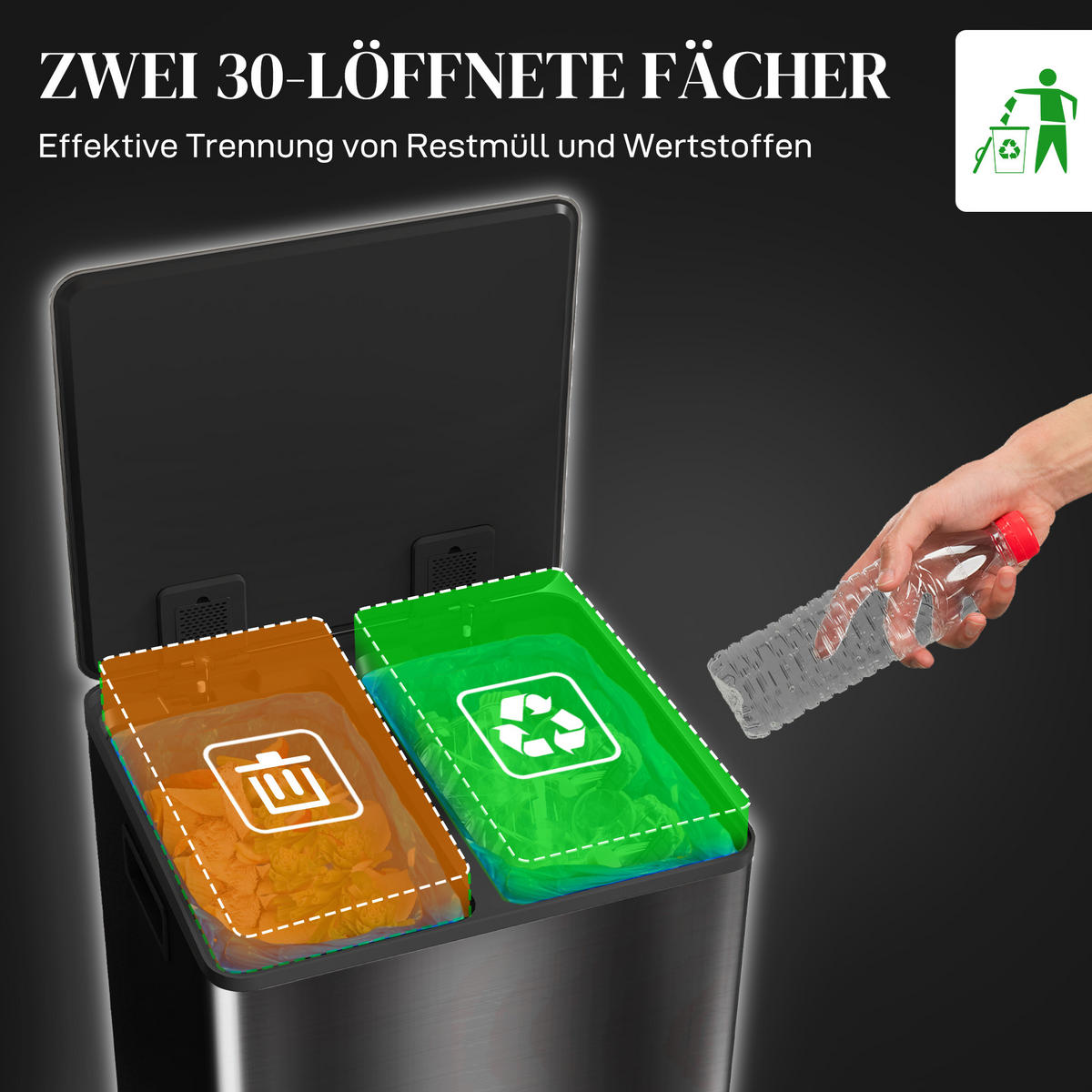 MÜLLEIMER Schwarz 47.7/37.5/66.8 cm - Schwarz, Metall (37.5/66.8/47.7cm) - HOMCOM